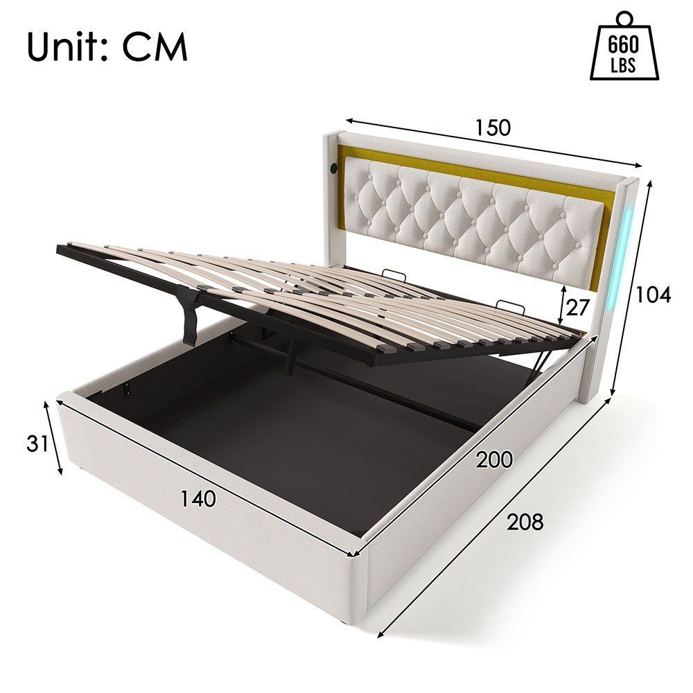 PHOEBE CAT Polsterbett (140x200cm Hydraulisches Doppelbett mit Lattenrost und LED-Beleuchtung), Stauraumbett mit USB Typ C Ladefunktion Kopfteil, Baumwolle-Leinen