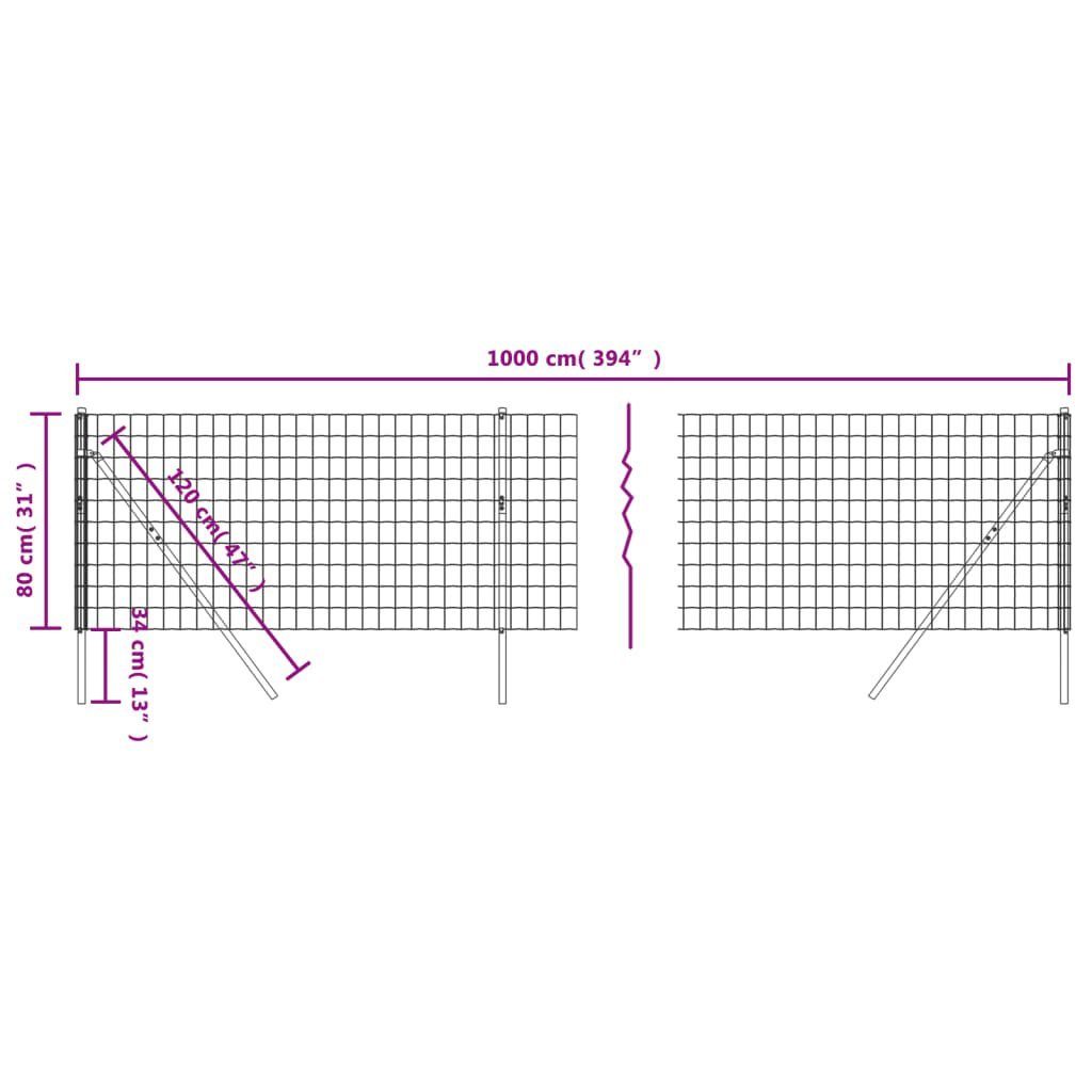 vidaXL Gartenzaun Maschendrahtzaun Grün 0,8x10 m Verzinkter Stahl, (1-St)