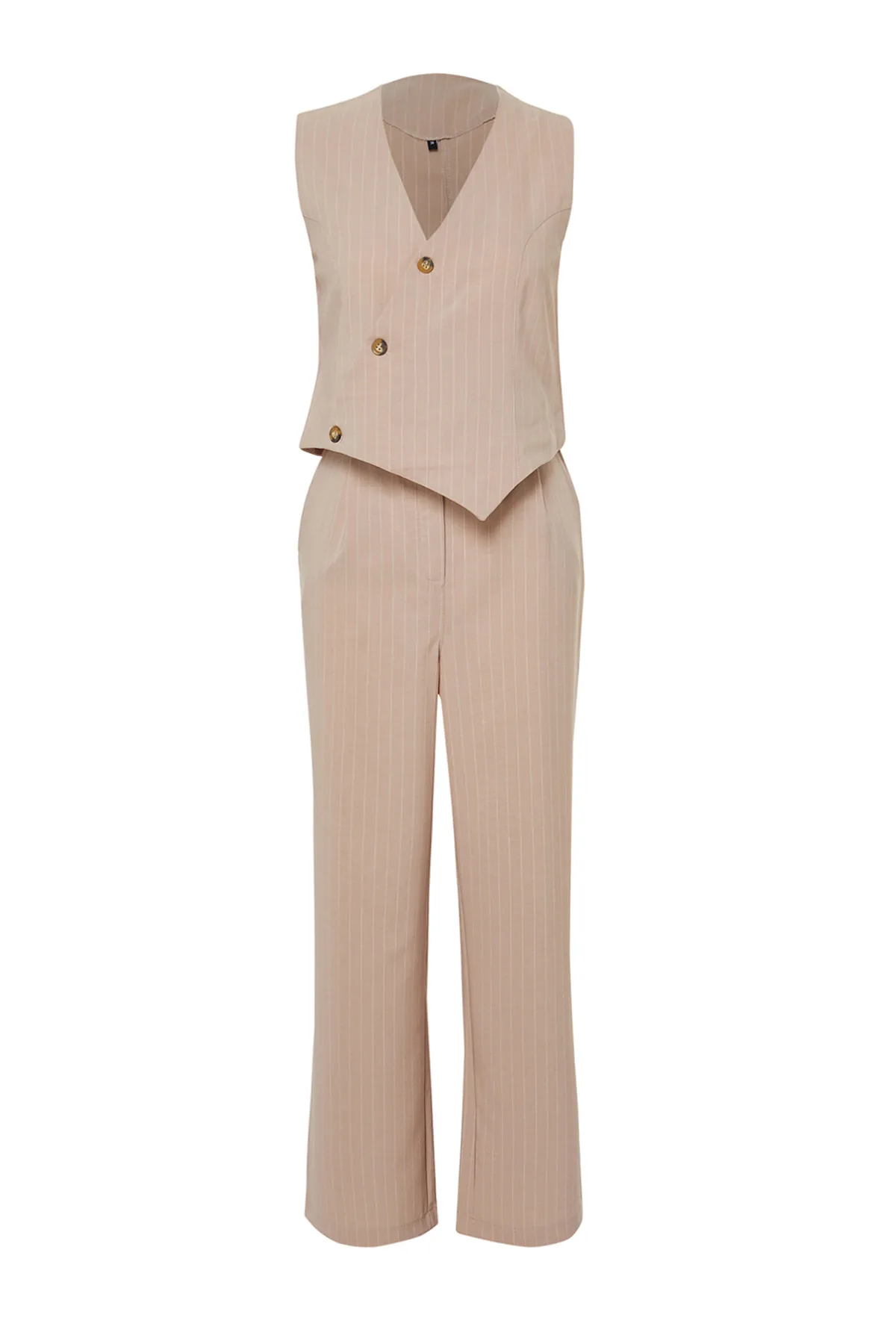 Trendyol Modest  Steinfarbenes Set mit zweireihiger Weste und Hose aus gewebtem Unterteil und Oberteil TCTSS24US00032