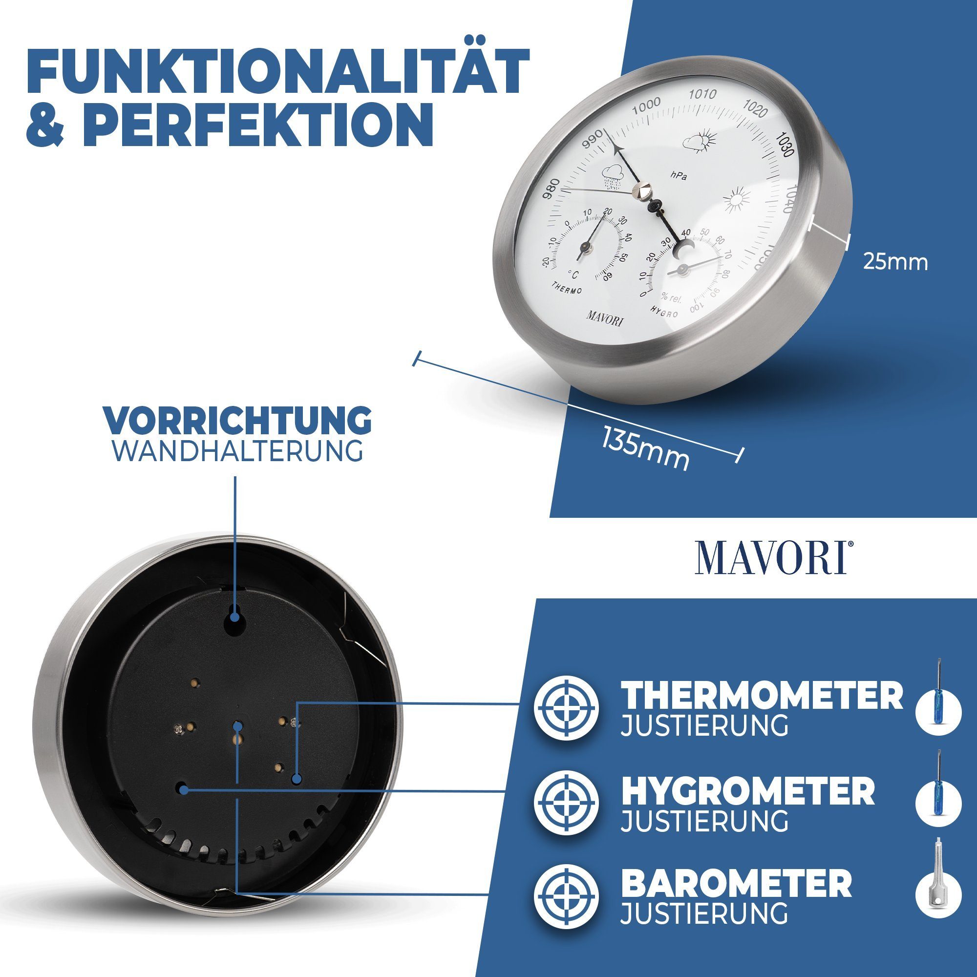 MAVORI Wetterstation analog - 3in1 Barometer, Hygrometer & Thermometer Wetterstation