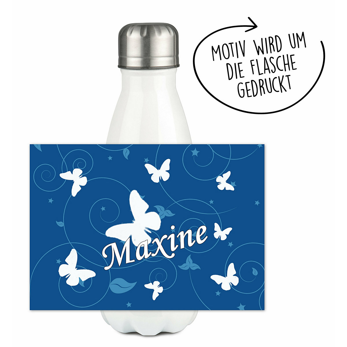 Edelstahl Kinder Thermoflasche / Trinkflasche bunt Schmetterling Ornamente Farbe blau Spülmaschinenfest, Auslaufsicher, Bruchfest, Doppelwandig, Für Heißgetränke geeignet, Mit Deckel, Isoliert