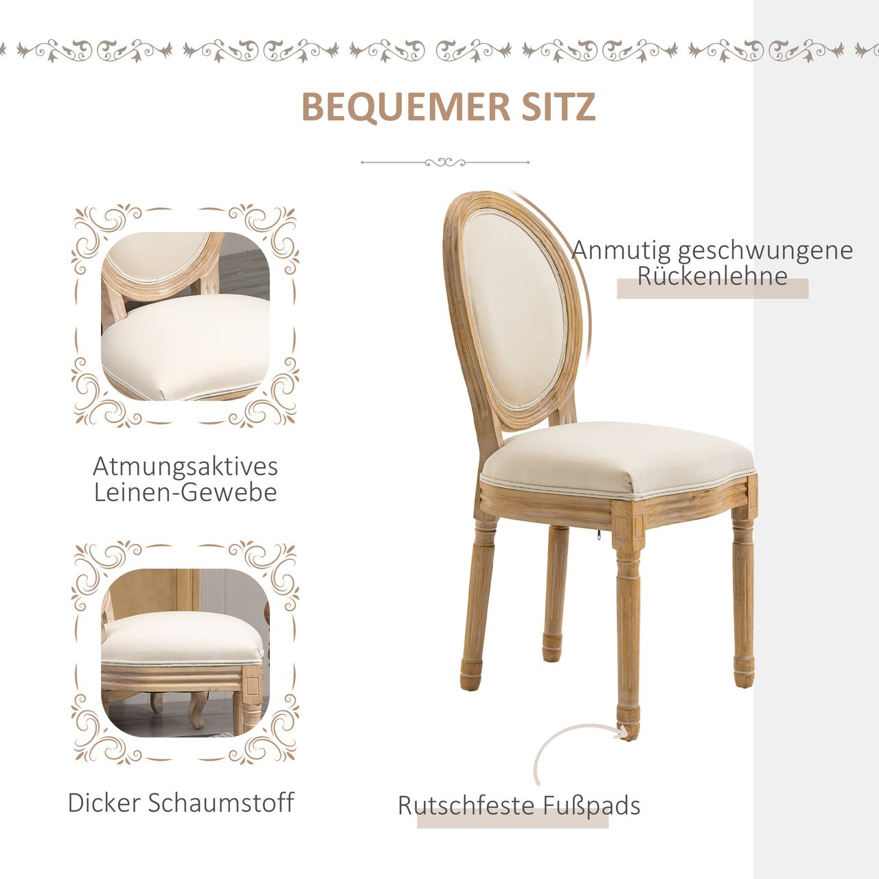 HOMCOM 2er Set Esszimmerstühle Vintage Küchenstuhl Polsterstuhl mit Rückenlehne Linen-Touch Massivholz Cremeweiß Natur 49 x 56 x 96 cm