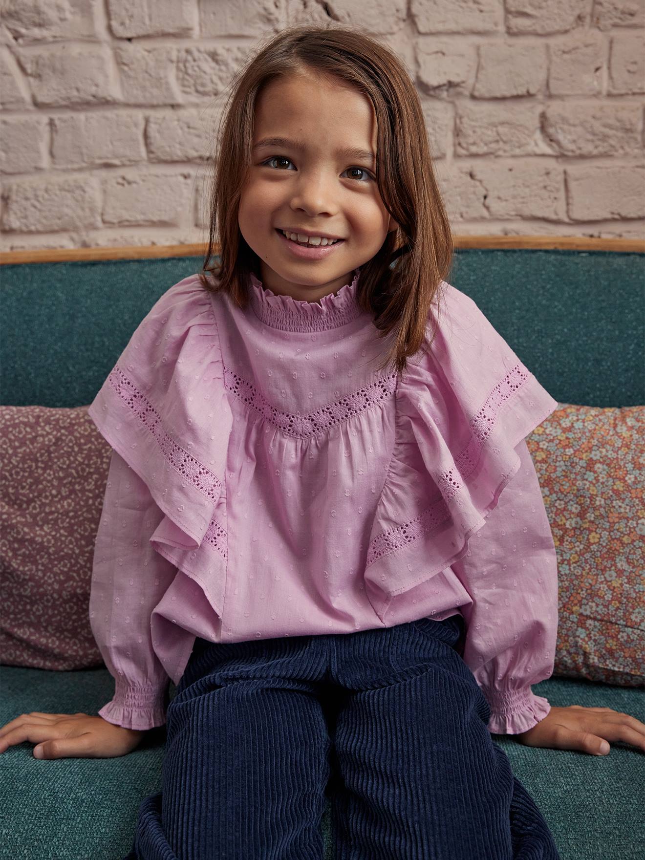 Blouse en plumetis fille maxi volants brodés fille lilas