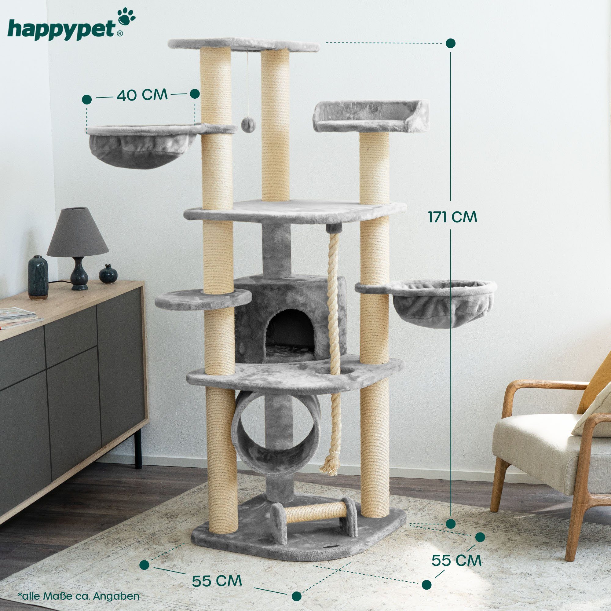 Happypet Kratzbaum CAT028, Gesamthöhe: ca. 171 cm, Haus: ca. 30 x 32 x 32 cm