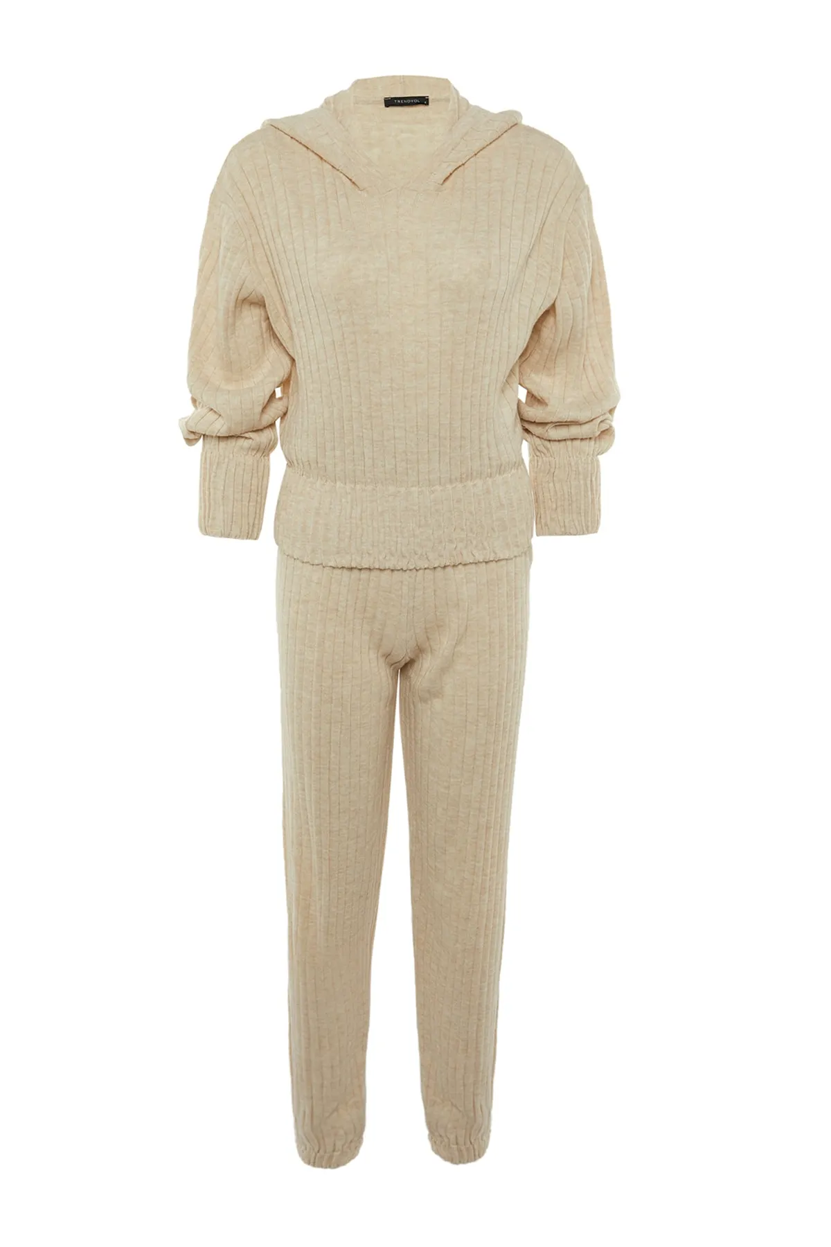 Trendyol Collection  Steinfarbenes Strickoberteil und -unterteil-Set mit Kapuze TWOAW22AU0044
