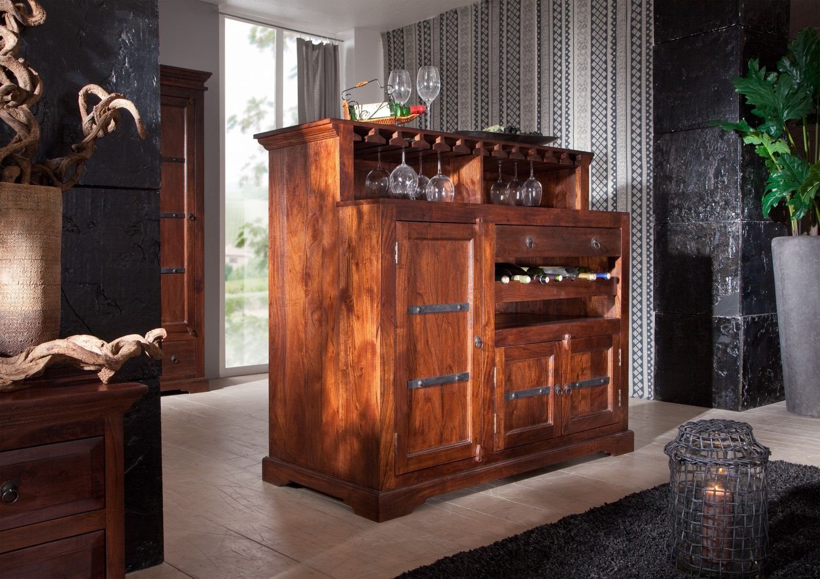 Massivmoebel24 Barschrank Bar Akazie 140x66x125 nougat lackiert OXFORD #903
