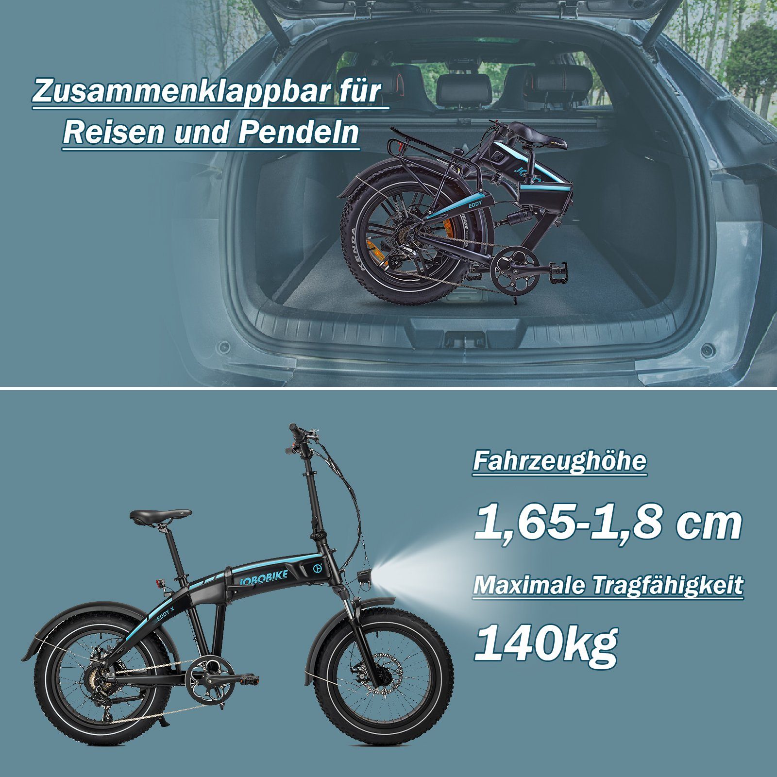 JOBOBIKE E-Bike MTB N46 Eddy Klapprad ebike sale 20 Zoll E-Klapprad mit 250W Heckmotor, 7 Gang Shimano Shimano Schaltwerk, Kettenschaltung, Heckmotor, 672,00 Wh 48V/14Ah LG Akku, (mit Beleuchtungsset, Akku-Ladegrät, Helme, Handy-Halterung, Schloss),