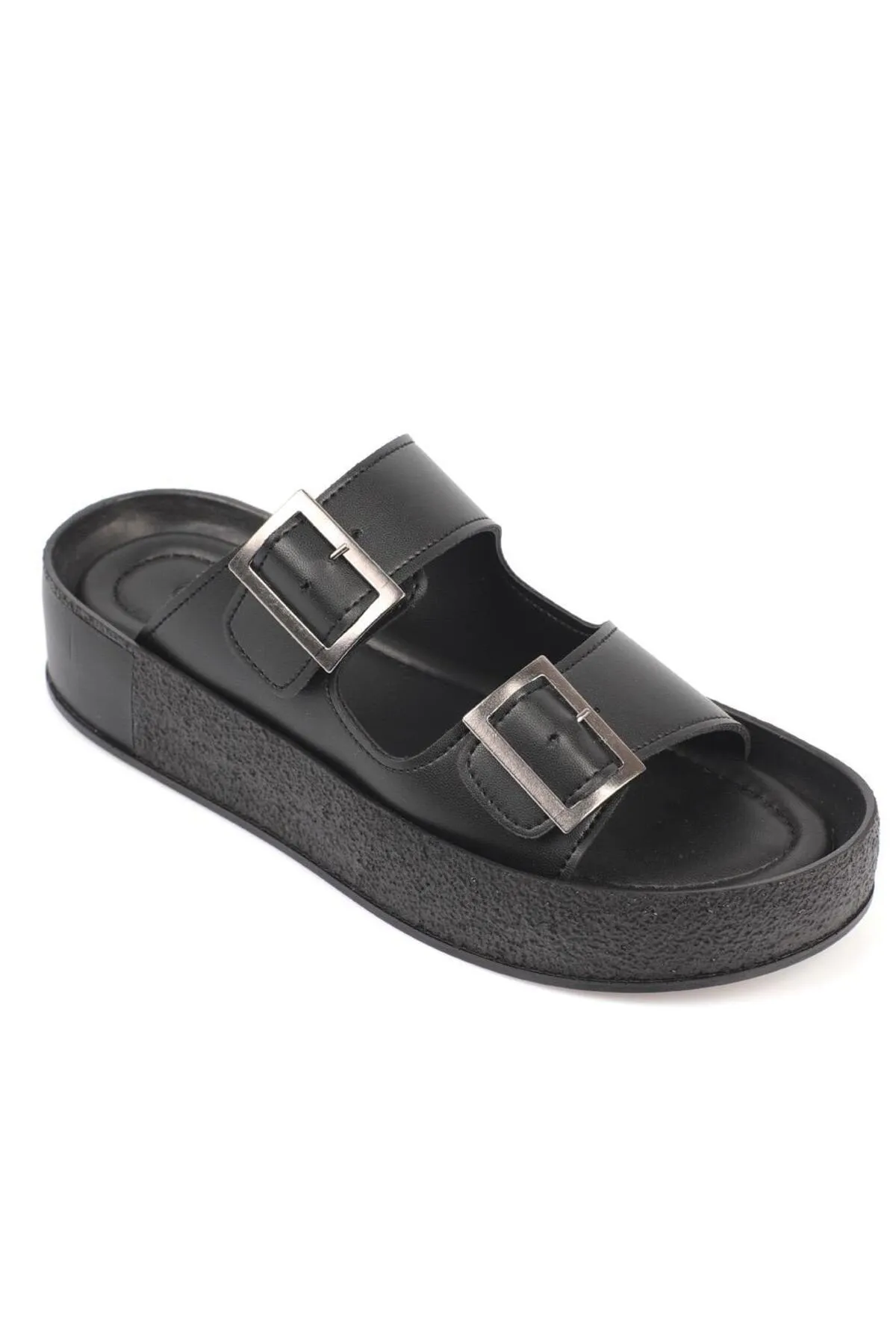 Capone Outfitters  Capone Double Banded Belt Buckle Schwarzer Keilabsatz Schwarz Schwarze Damenhausschuhe