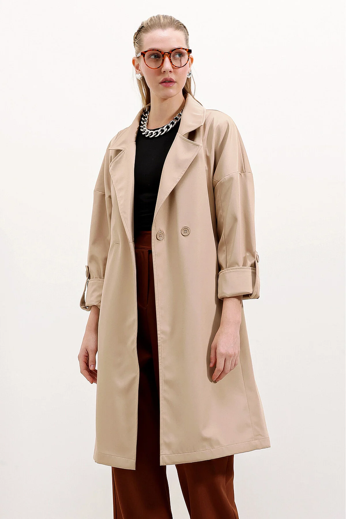 Bigdart  9104 Zweireihiger, mit Kragen gefütterter Trenchcoat – Beige