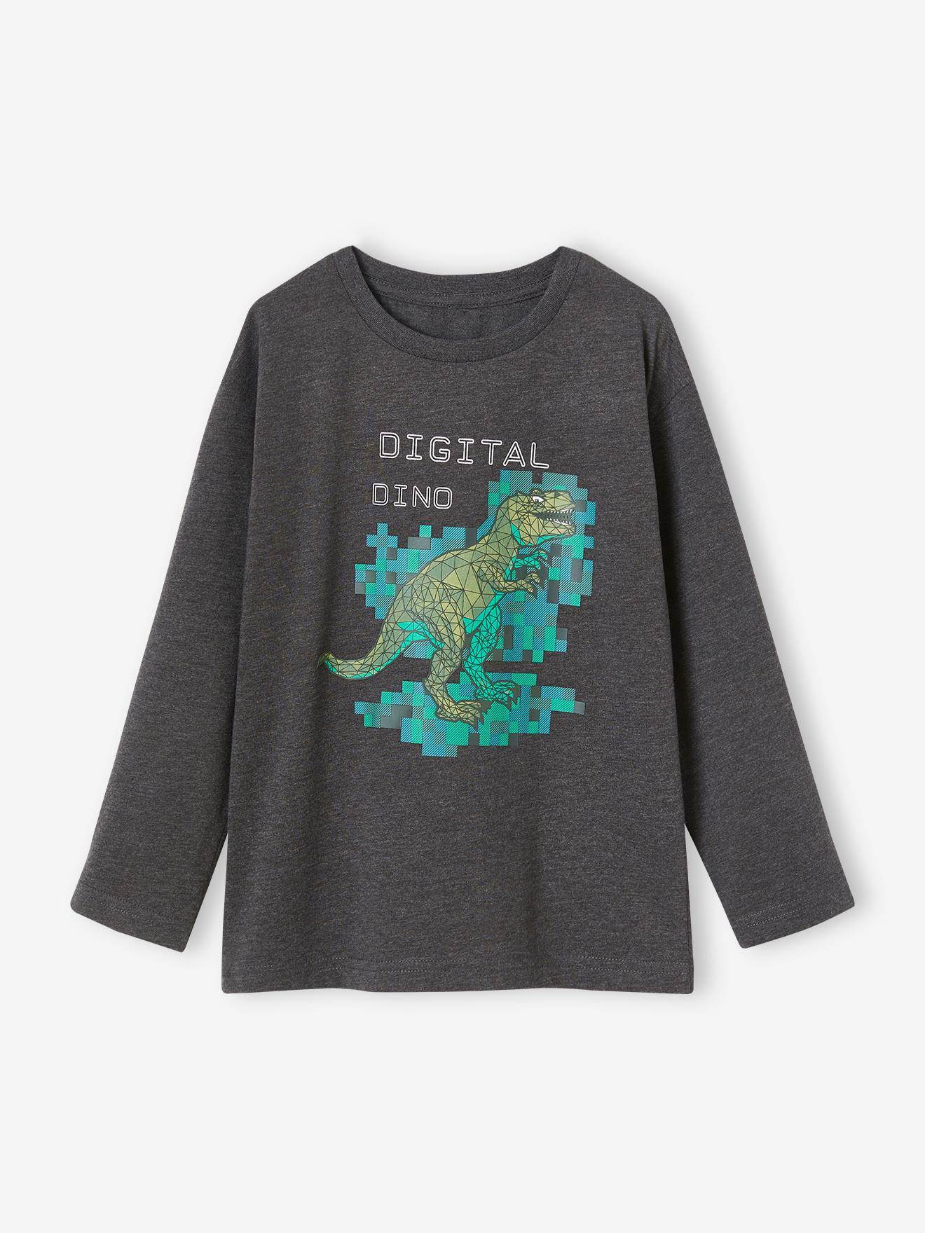 T-shirt digital dino effet pixel en relief garçon gris chiné