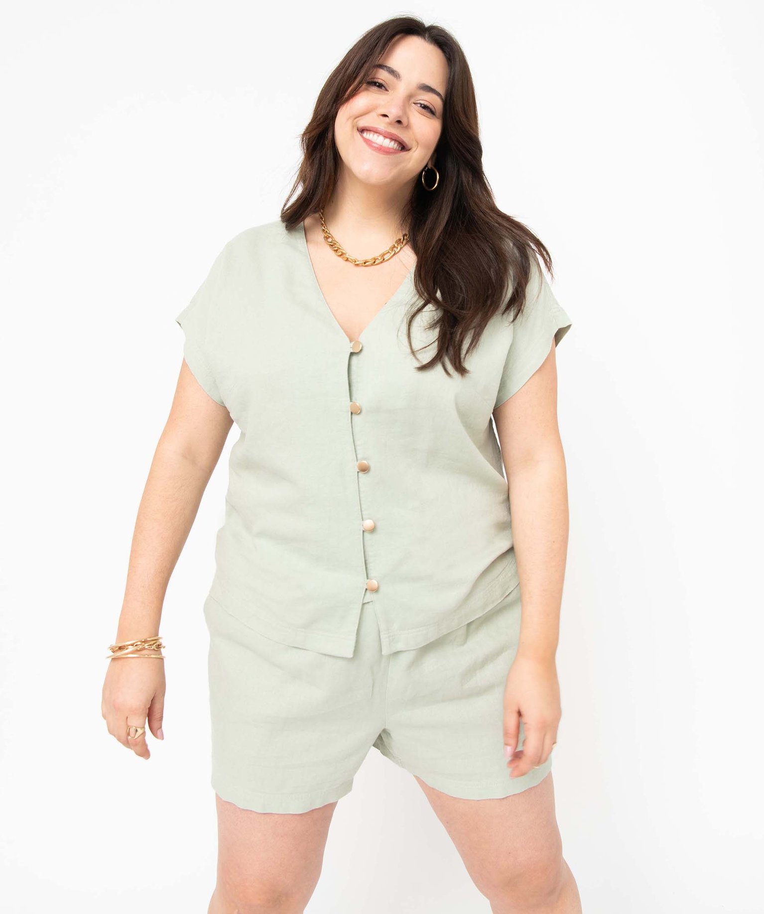 Chemise femme grande taille en lin et viscose beige | GEMO