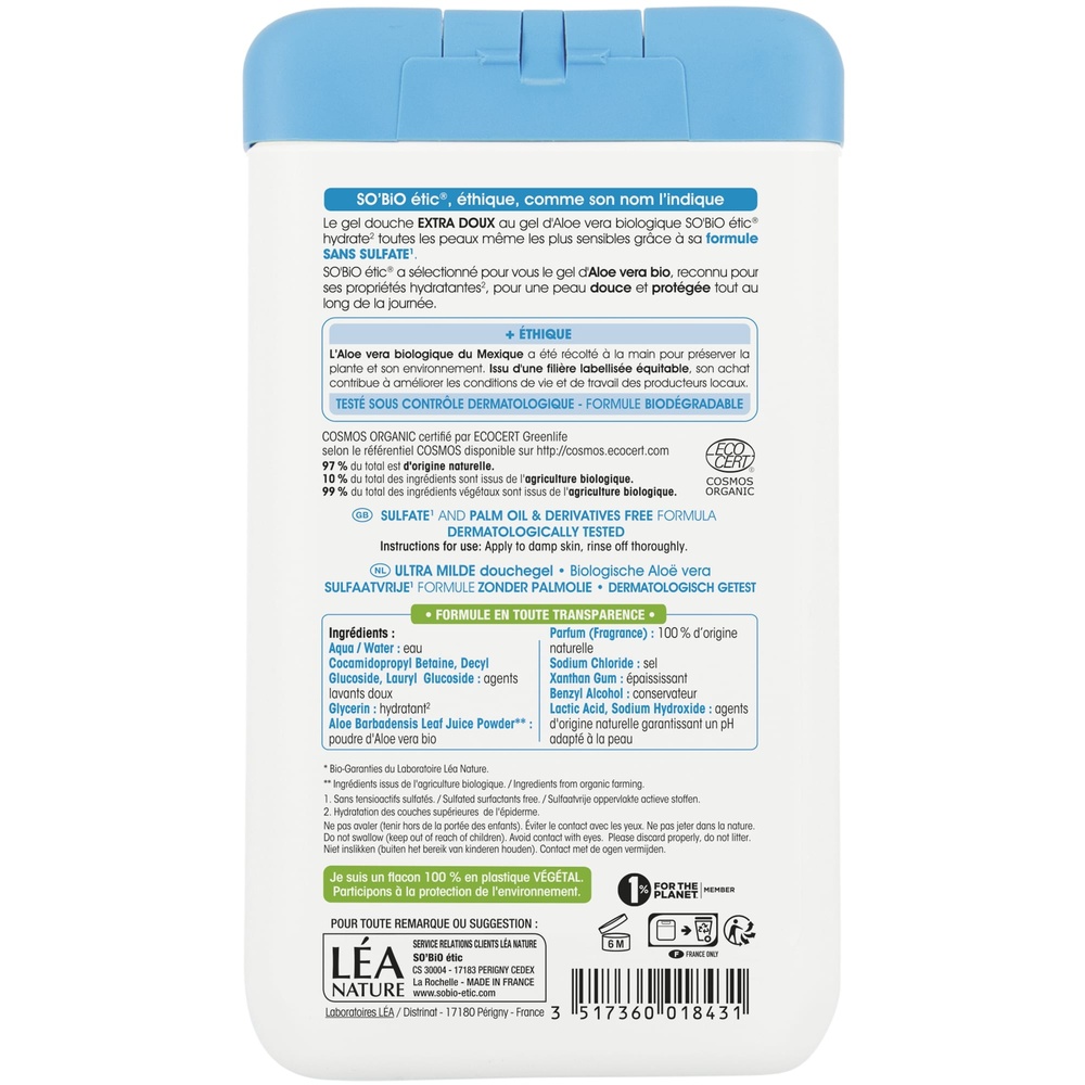 LÉA NATURE SO BiO étic Gel douche extra doux, au gel d'Aloe vera bio, hydrate¹ Gel douche