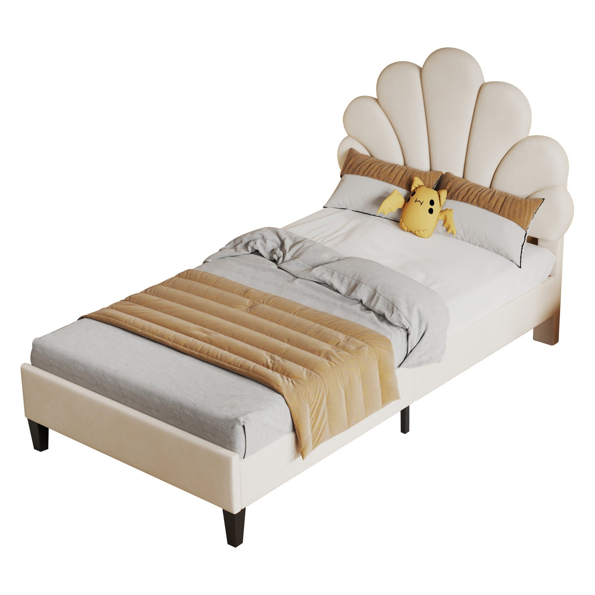 SEEZSSA Polsterbett Polsterbett Kinderbett süßes Einzelbett Mädchenbett mit Blumenform, Rückenlehne und Lattenrosten Gestell aus Holz & Samtstoff 90 x 200 cm