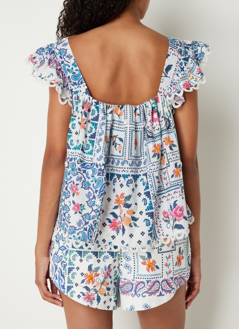Farm Rio Top with floral print and embroidery