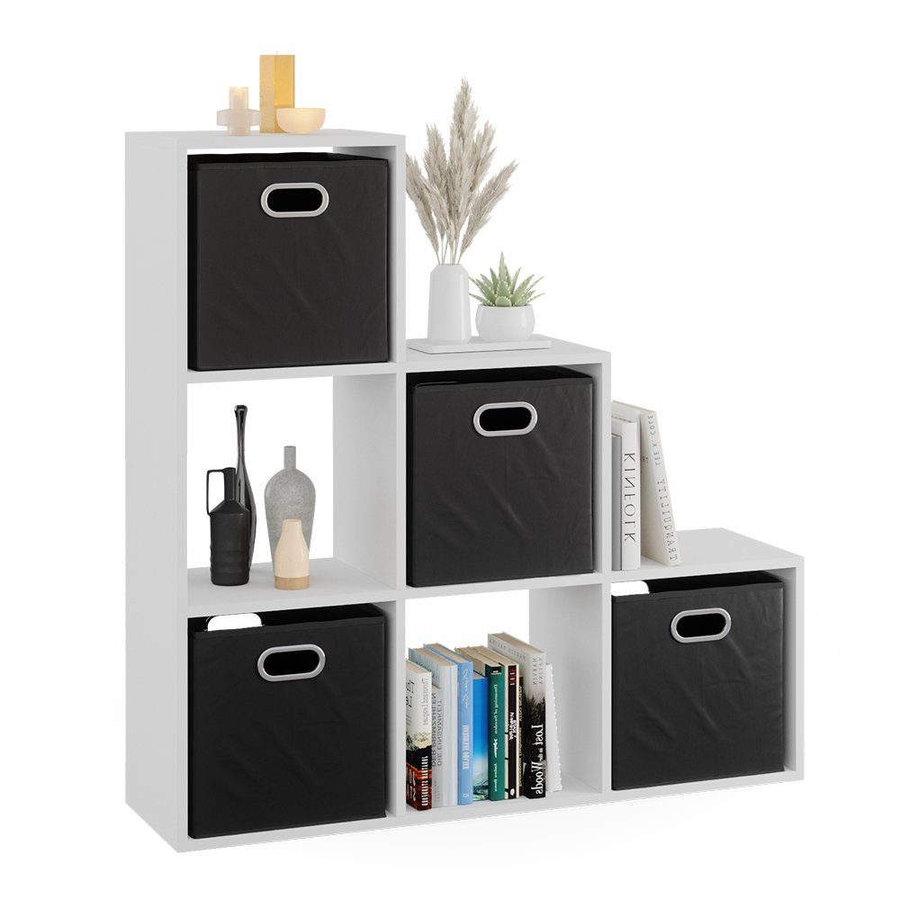 Vicco Raumteilerregal Treppenregal Bücherregal 6 Fächer Weiß + Faltboxen Anthrazit