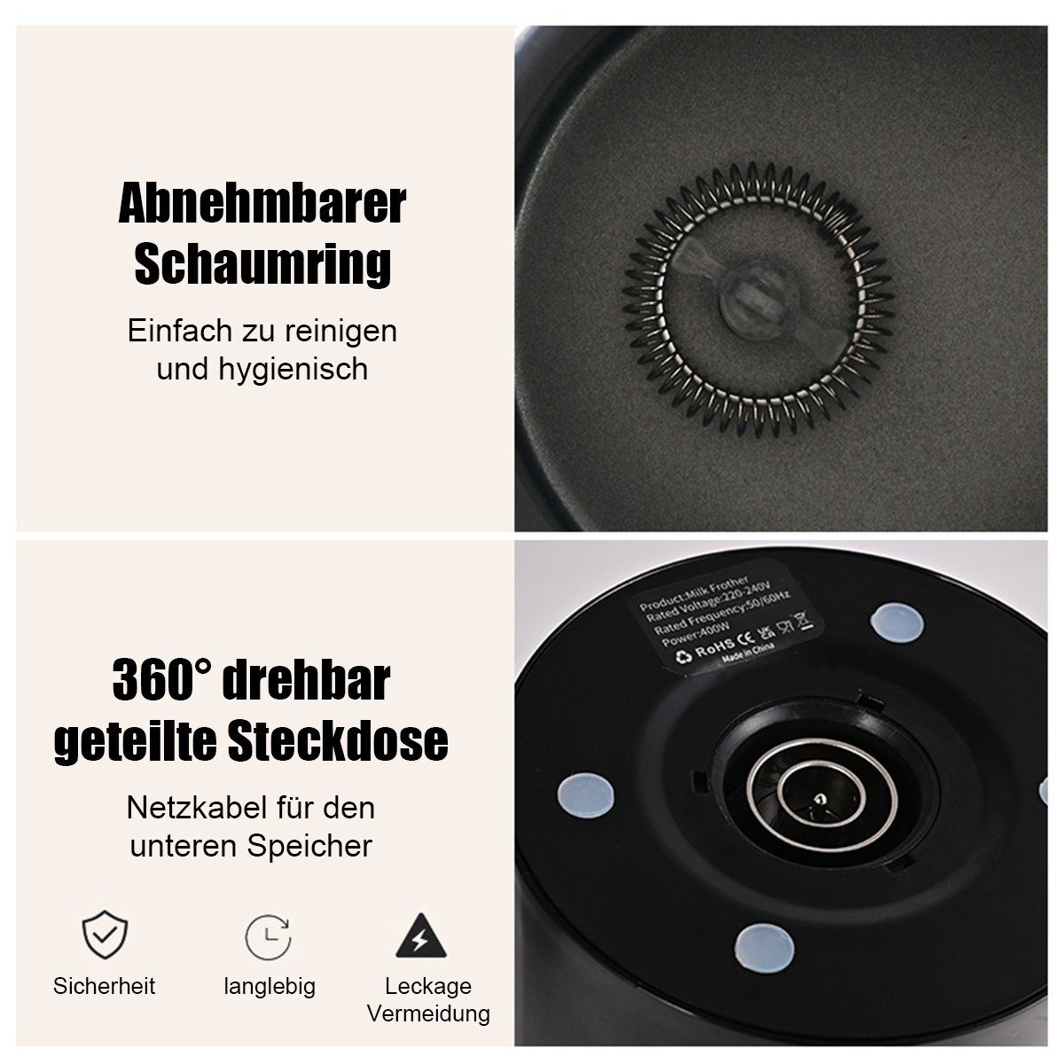 Hikeren Milchaufschäumer 4-in-1 Elektrischer Milchaufschäumer,400W,350ml für Heißer,Kalter, 400,00 W
