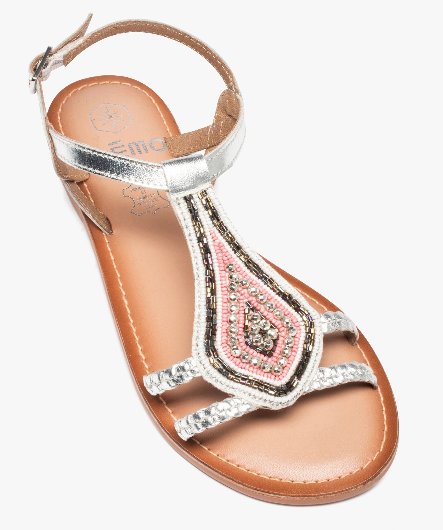 Sandales femme plates ornées de perles et intérieur cuir argent | GEMO