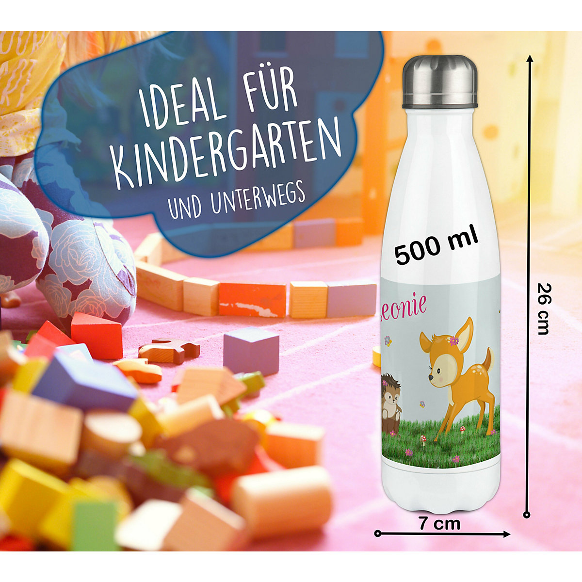 Edelstahl Kinder Thermoflasche / Trinkflasche bunt Reh Spülmaschinenfest, Auslaufsicher, Bruchfest, Doppelwandig, Für Heißgetränke geeignet, Mit Deckel, Isoliert