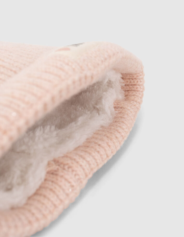 Bonnet rose poudré tricot lurex fourré bébé fille