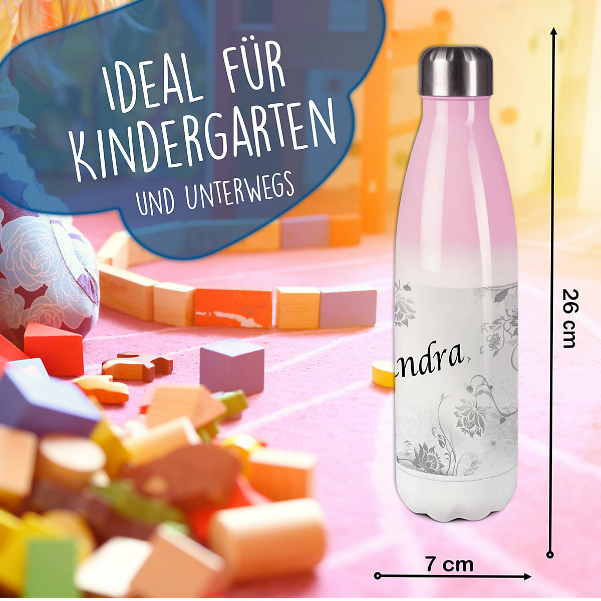 Edelstahl Kinder Thermoflasche / Trinkflasche bunt Blumenranke Farbe grau Spülmaschinenfest, Auslaufsicher, Bruchfest, Doppelwandig, Für Heißgetränke geeignet, Mit Deckel, Isoliert