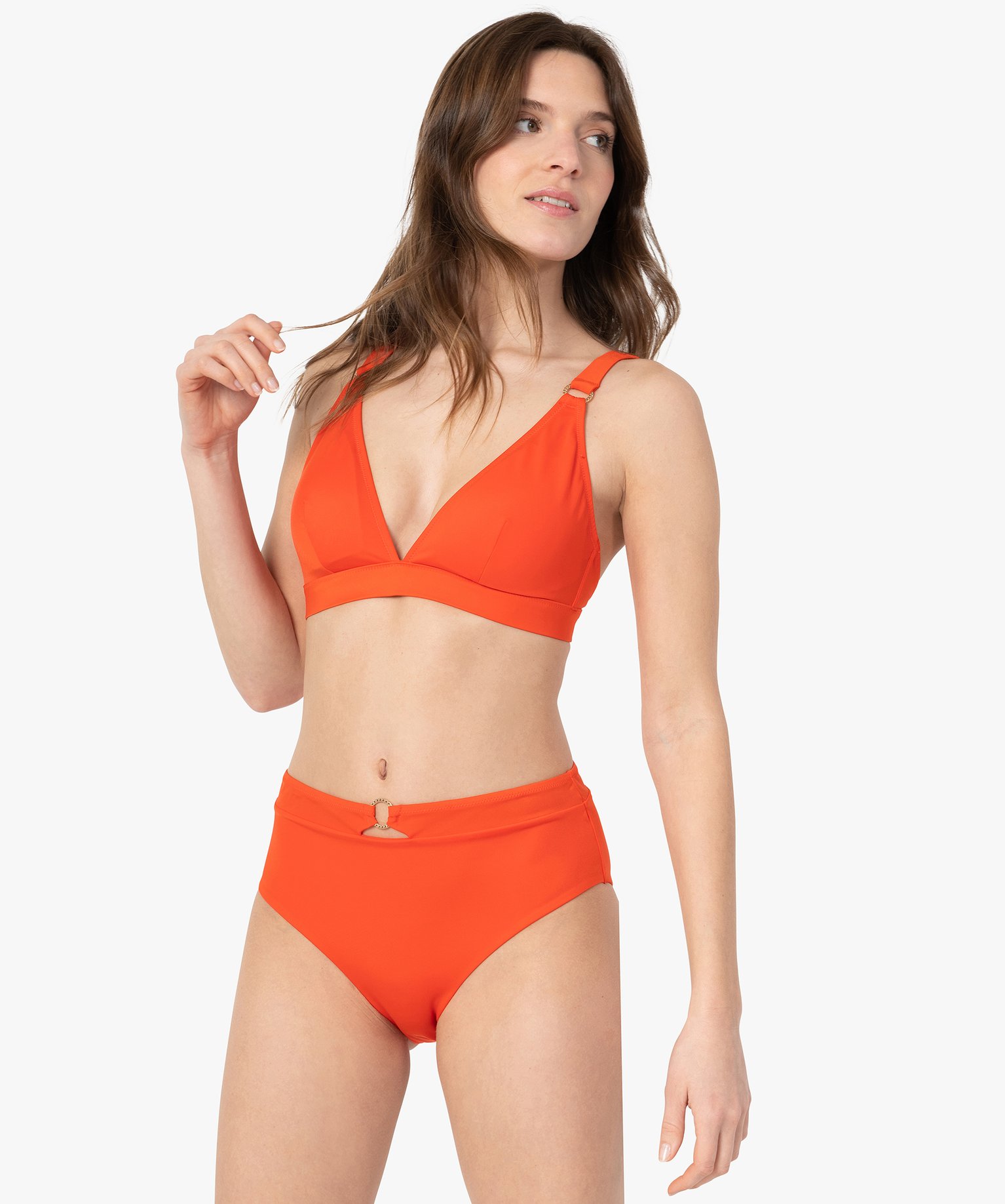 Bas de maillot de bain femme uni forme culotte taille haute rouge | GEMO
