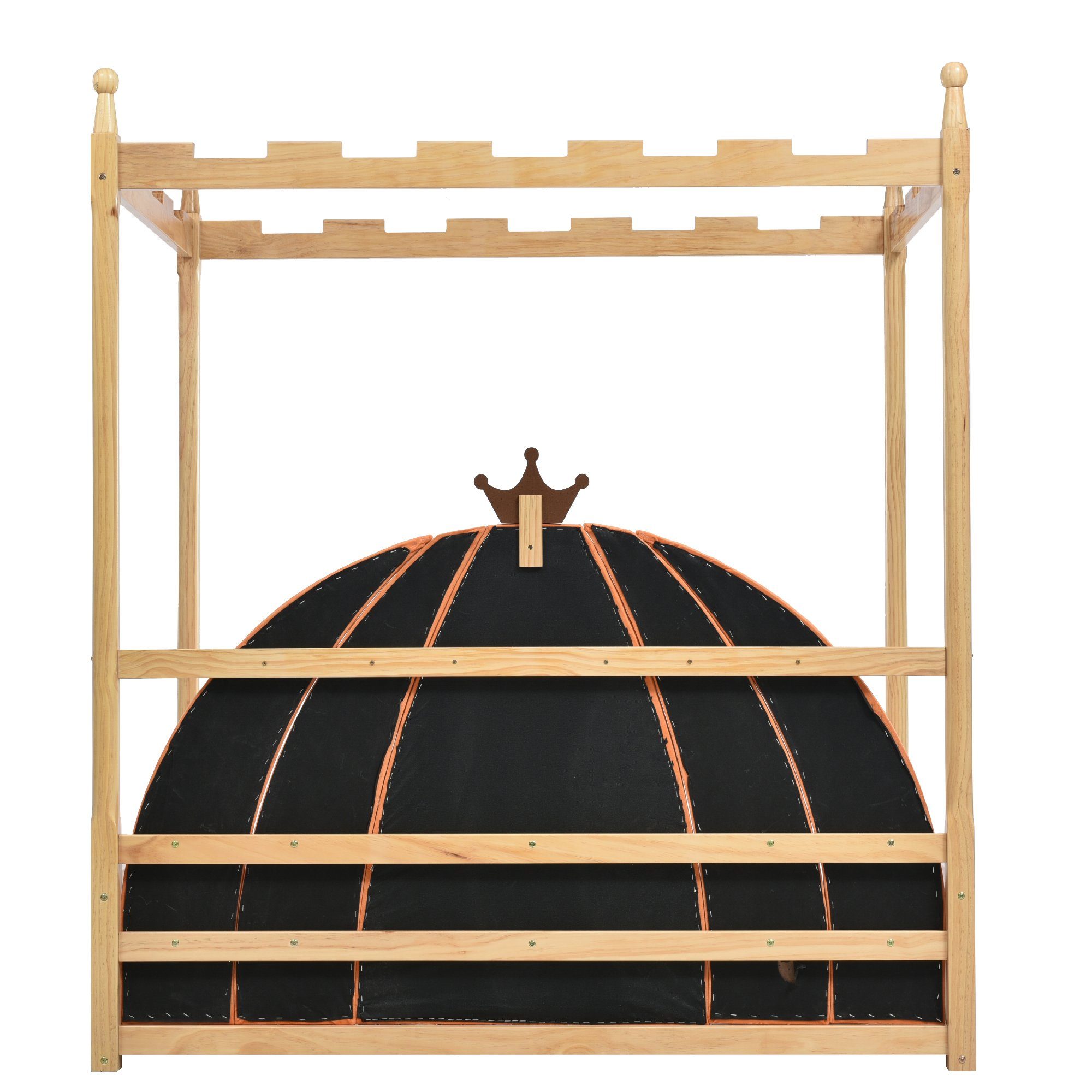 Gotagee Himmelbett Erweiterbares Holzbett Kinderbett Doppelbett Kiefernholz 140x100&200cm, Samtkissen in Kürbisform