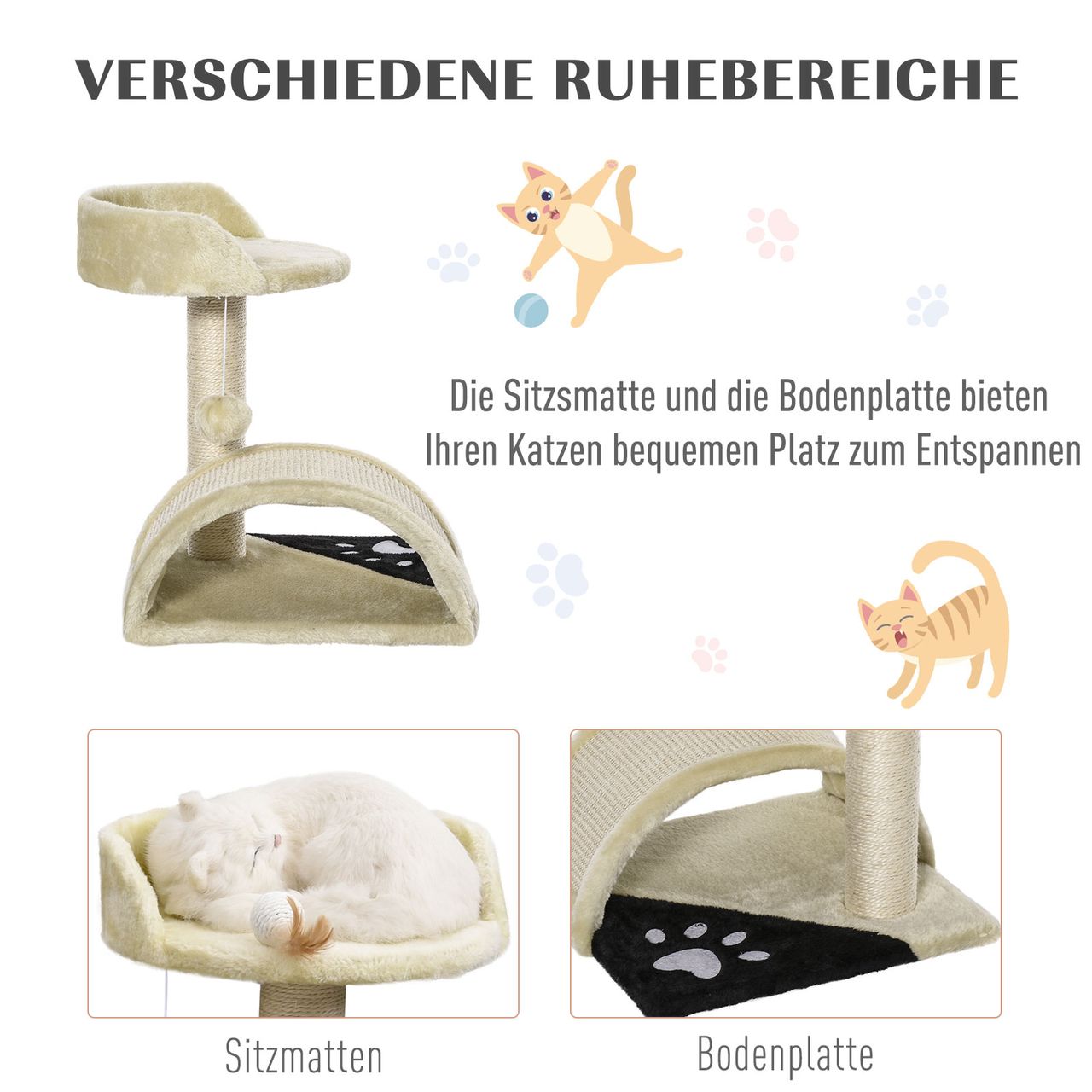 PawHut Kratzbaum Katzenbaum mit Spielbällen Sisalseil-Kratzstangen Beige