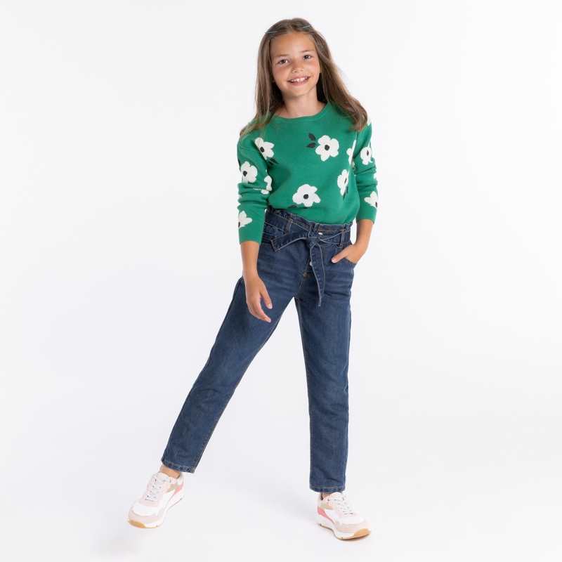 Pull jacquard à fleurs vert fille