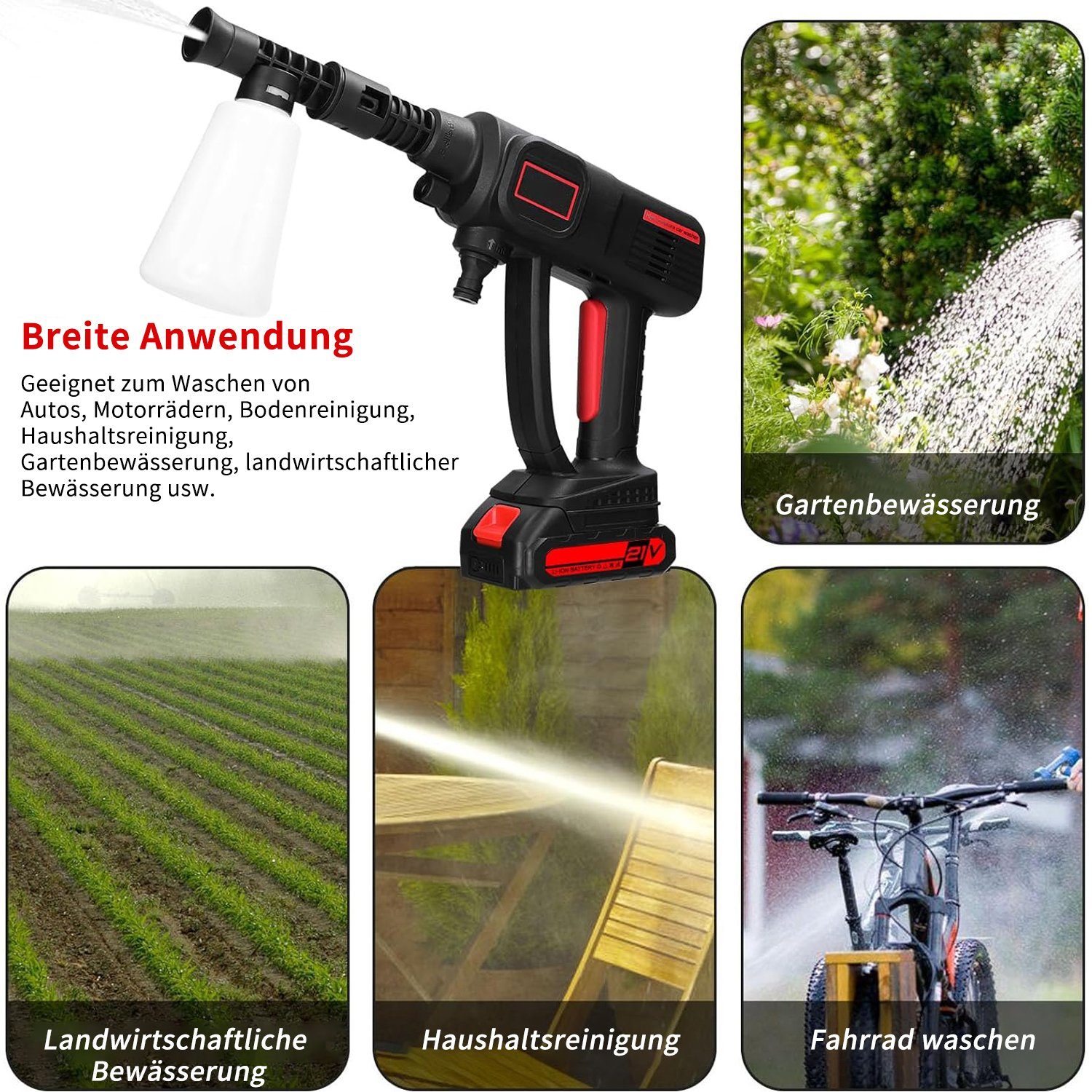 JOEAIS Hochdruckreiniger Akku Hochdruckreiniger Druckreiniger Mobiler Hochdruckreiniger Klein, 1800 mAh 21V mit 6-in-1 Multi-Sprühdüse 5M Schlauch mit 2 Batterien