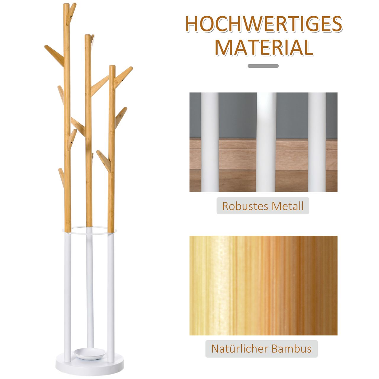 HOMCOM Garderobenständer Standgarderobe Kleiderständer mit 12 Haken moderner Schirmständer für den Flur Wohnzimmer Metall Bambus Natur Weiß 30,5 x 30,5 x 174,5 cm