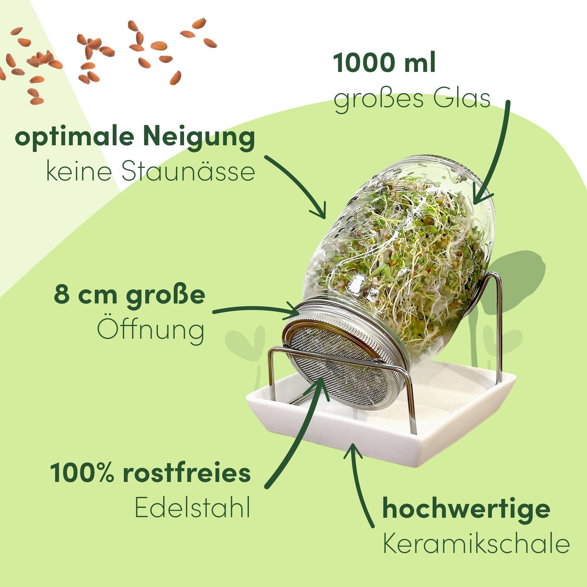 Green SEEDS Anzuchttopf Sprossenglas Keimglas 2er Set 1000ml + KRESSESIEB mit hochwertigem Edelstahl-Gitterdeckel, Ständer, Keramikschale + GRATIS Sprossen-ABC [Druckversion]…