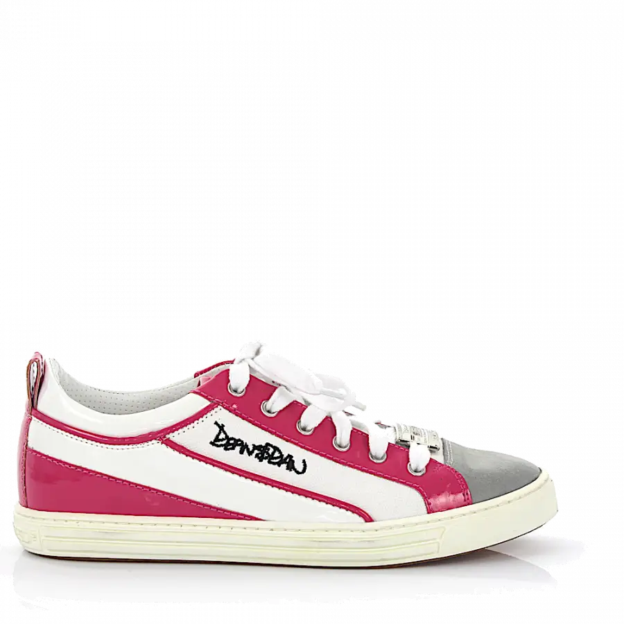 Dsquared2 - Schnürer Baumwollmischung Kalbsleder Lackleder Veloursleder Logo Metallverzierung grau pink weiß - pink