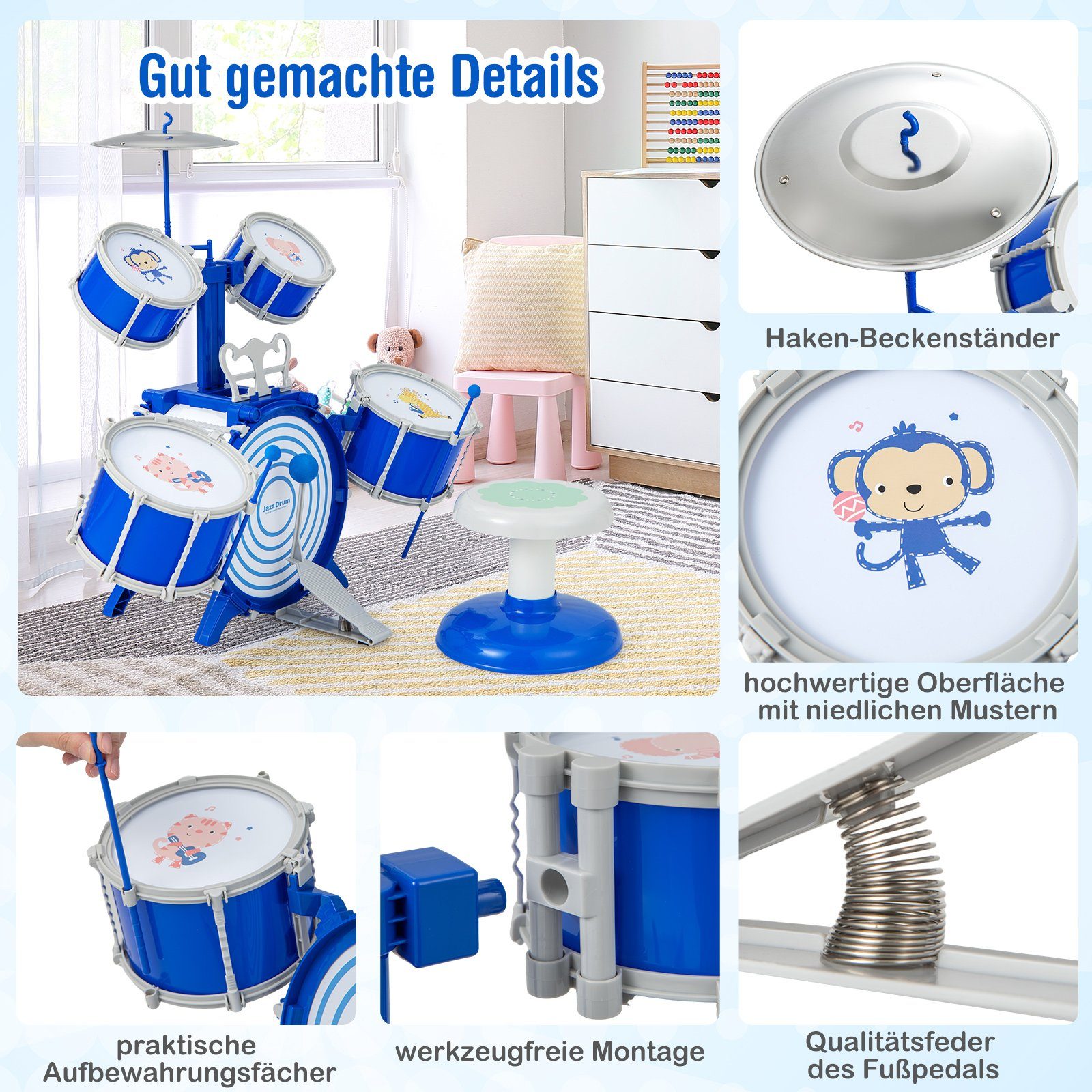 COSTWAY Kinderschlagzeug Drumset, mit Hocker, für Anfänger