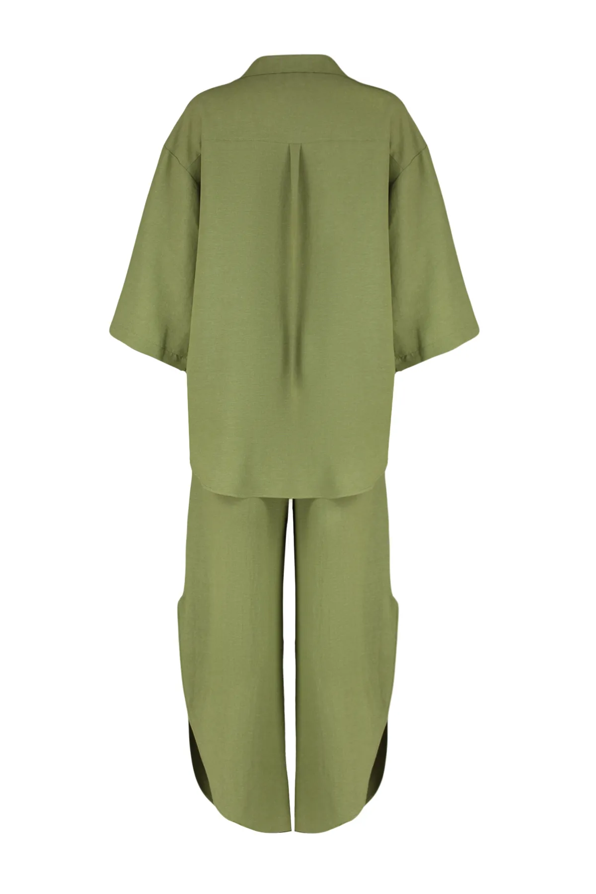 Trendyol Collection  Khakifarbenes, gewebtes, gebundenes Hemd- und Hosenset aus Leinenmischung TBESS24AU00031