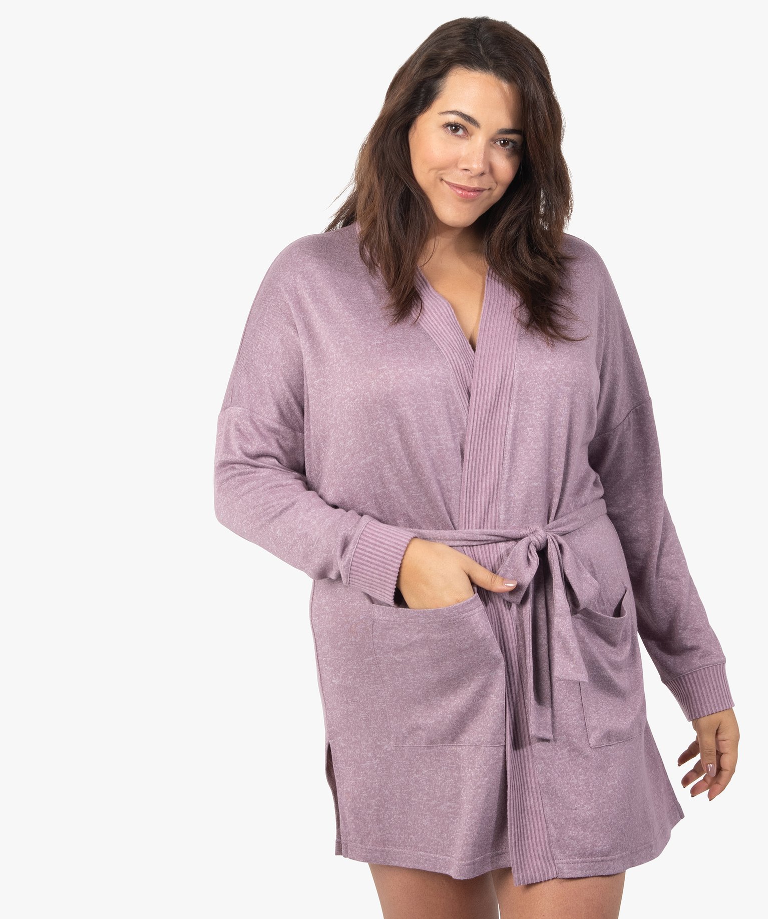 Veste d'intérieur femme grande taille en maille douce avec ... violet | GEMO
