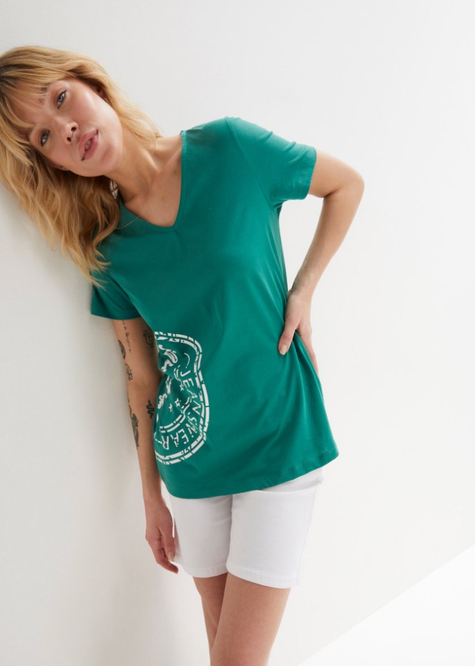 T-Shirt mit V-Kragen, bedruckt
