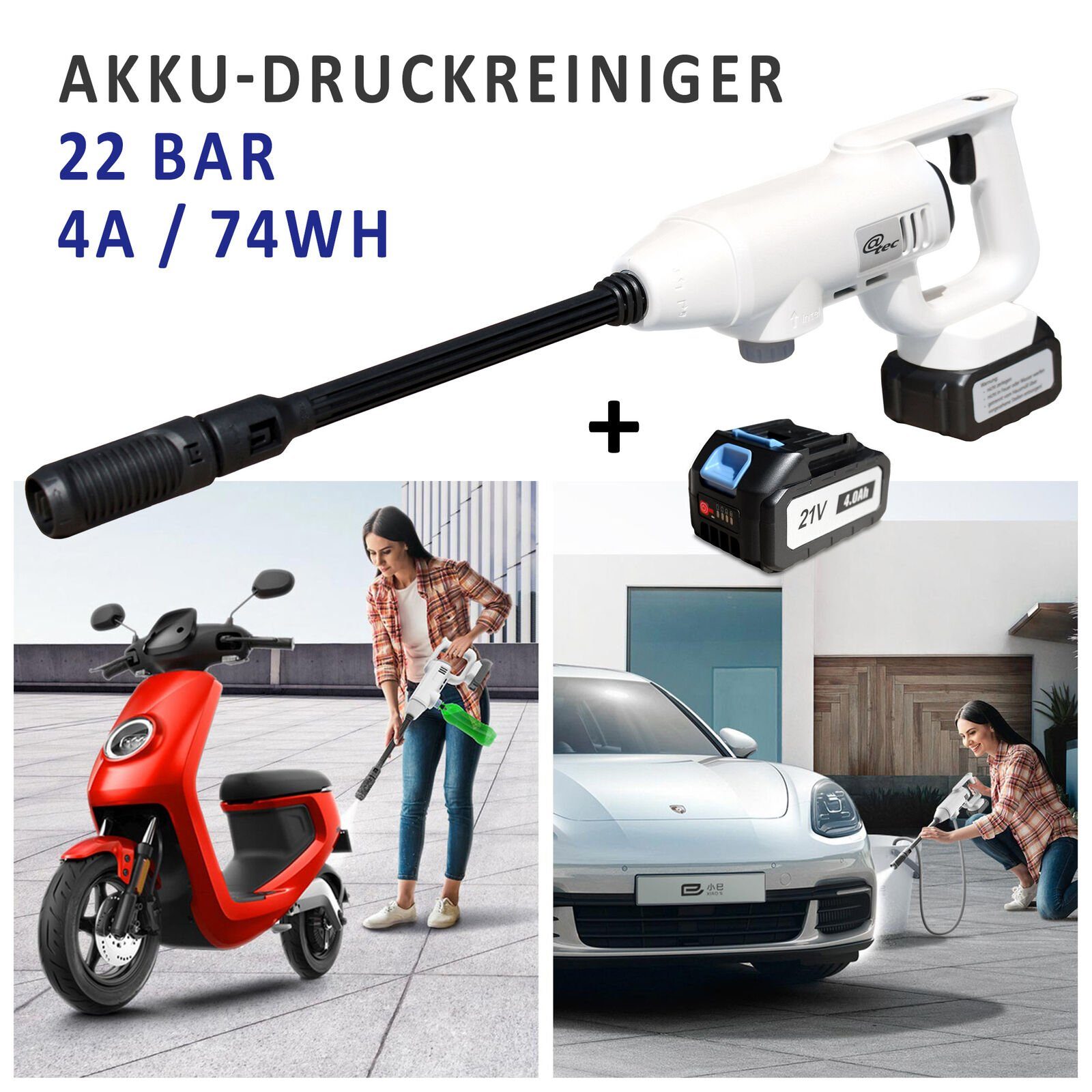 @tec Akku-Hochdruckreiniger 74 Wh, 4000 mA, max. 22 bar, mit Zusatzakku, Ladegerät, mobiler Druckreiniger
