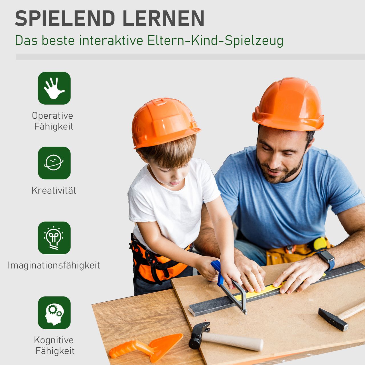 HOMCOM Kinder Werkbank Arbeitstisch Werkbanktisch mit 37 Zubehören Rollenspiel Spielzeug für Kinder von 3 bis 6 Jahren PP-kunststoff Grün Grau 44 x 26 x 71 cm