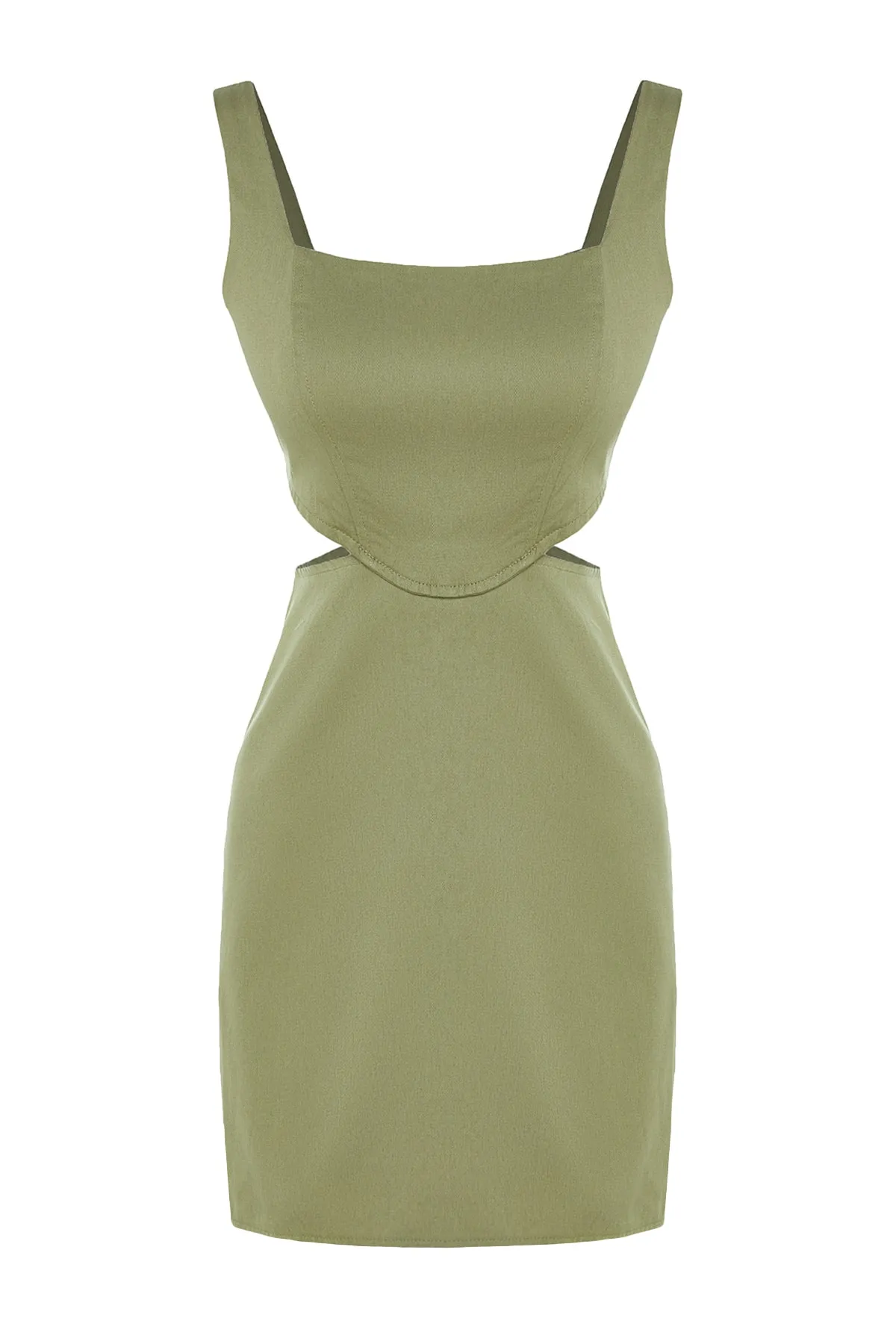 Trendyol Collection  Khakifarbenes A-Linien-Minikleid aus Baumwollgewebe mit Fenster-/Ausschnittdetail TWOSS23EL00596