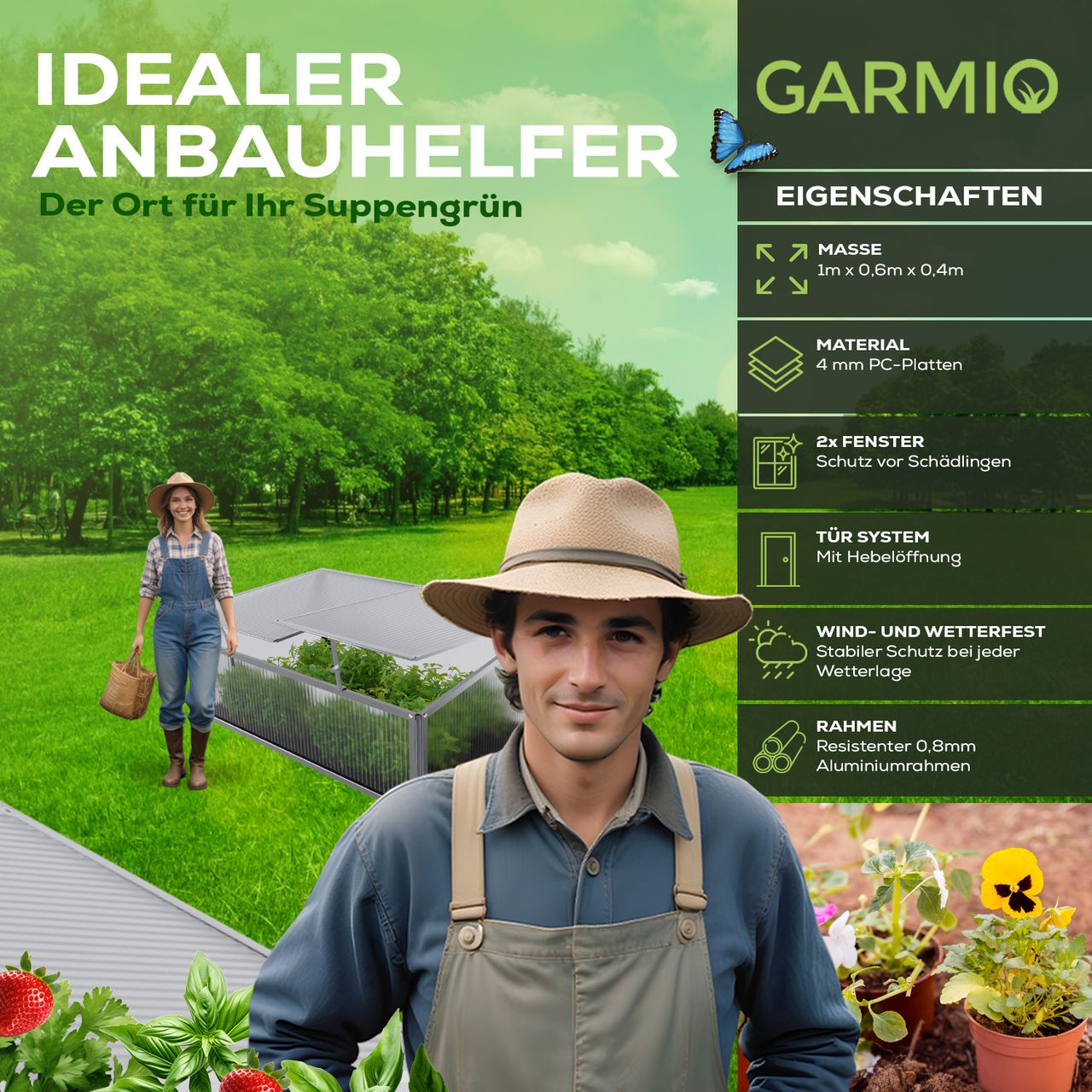 Garmio Frühbeet Mini Gewächshaus Allium Dachfenster, UV-Schutz, Alu Frühbeet, Mini-Gewächshaus