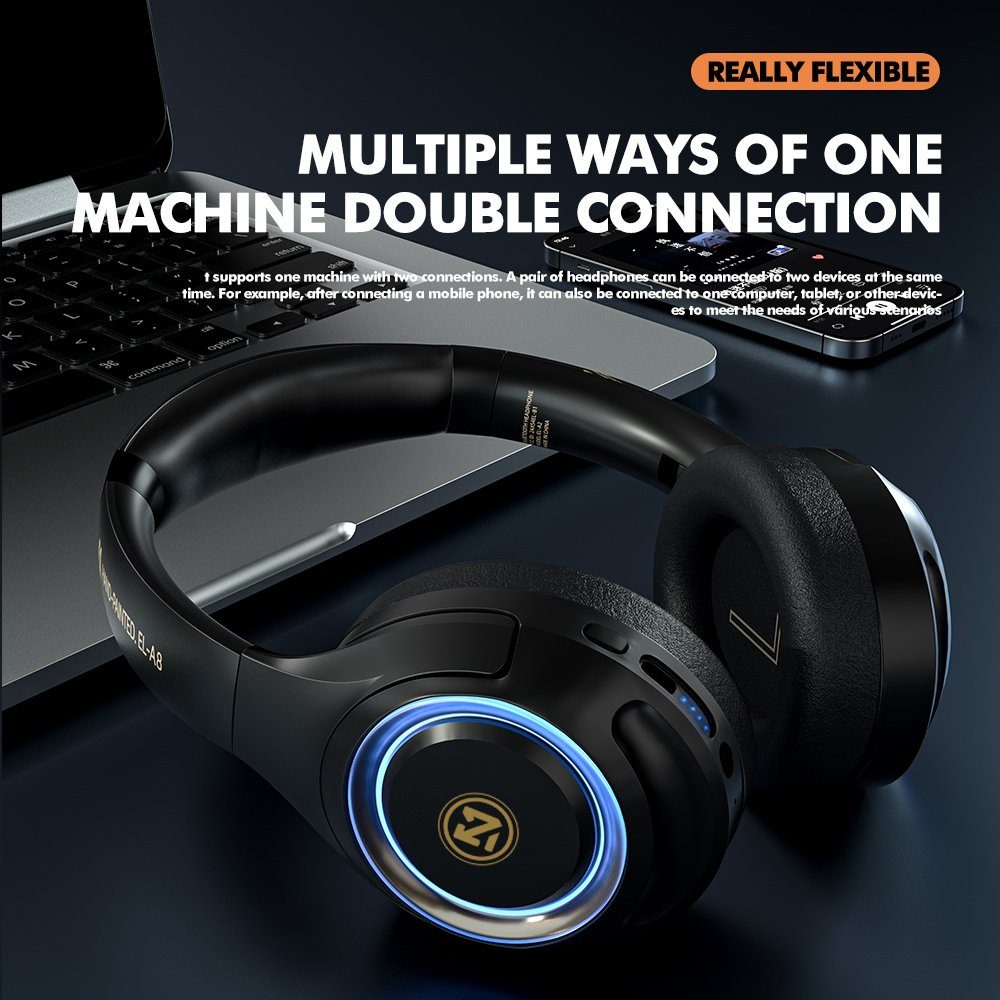 Mutoy Gaming Headset mit RGB Atemlicht&Mikrofon abnehmbar,Over Ear-Kopfhörer Gaming-Headset (Headset mit Mikrofon, Noise-Cancelling,Hi-Fi Stereo,Faltbare, Bluetooth Wireless)