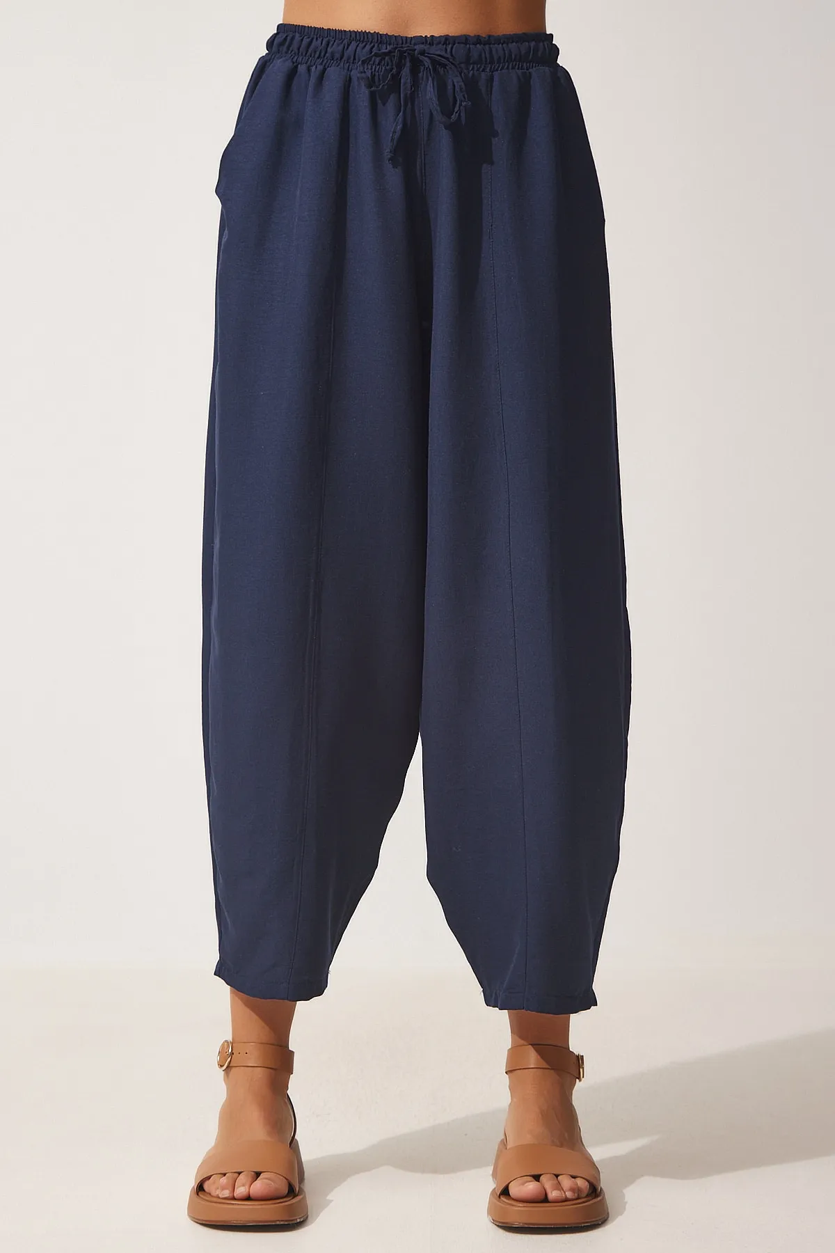 Happiness İstanbul  Marineblaue Shalwar-Hose aus Leinenviskose mit Taschen CV00001 für Damen