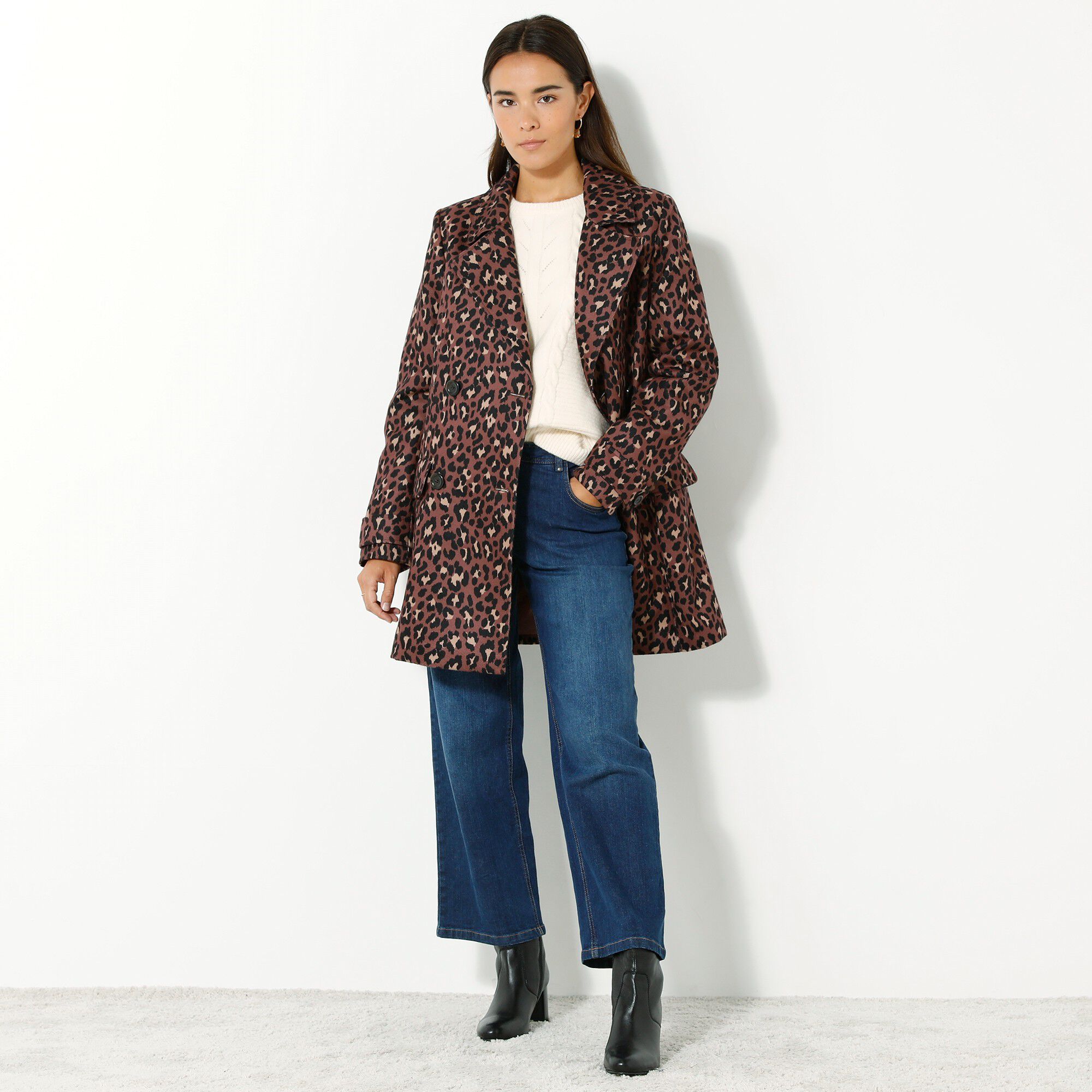 Manteau caban imprimé peau de bête aspect drap de laine