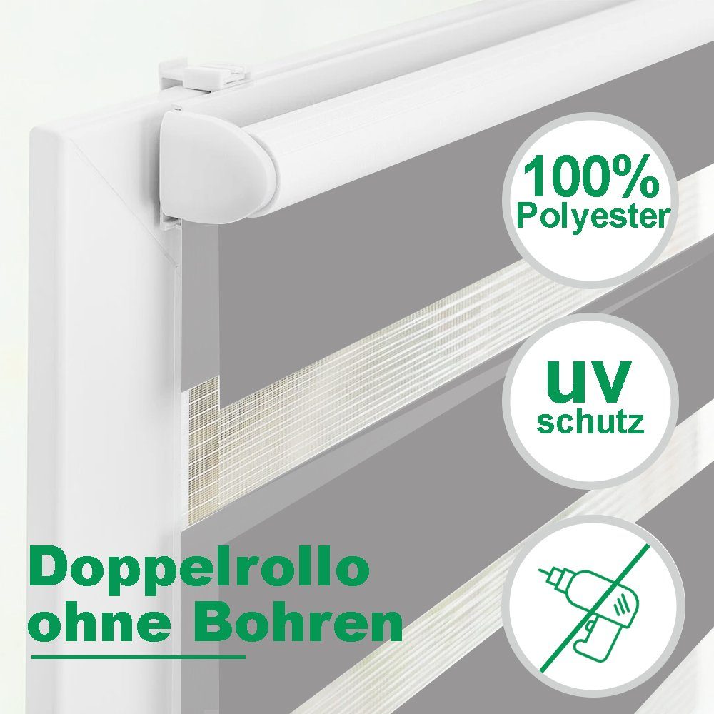 Doppelrollo Ohne Bohren, Grau/Grün/Grün-Grau-Weiß, OUBO, freihängend, verspannt, Klemmträger,klemmfix, Lichtschutz schnelle und einfache Montage mit beiliegendem