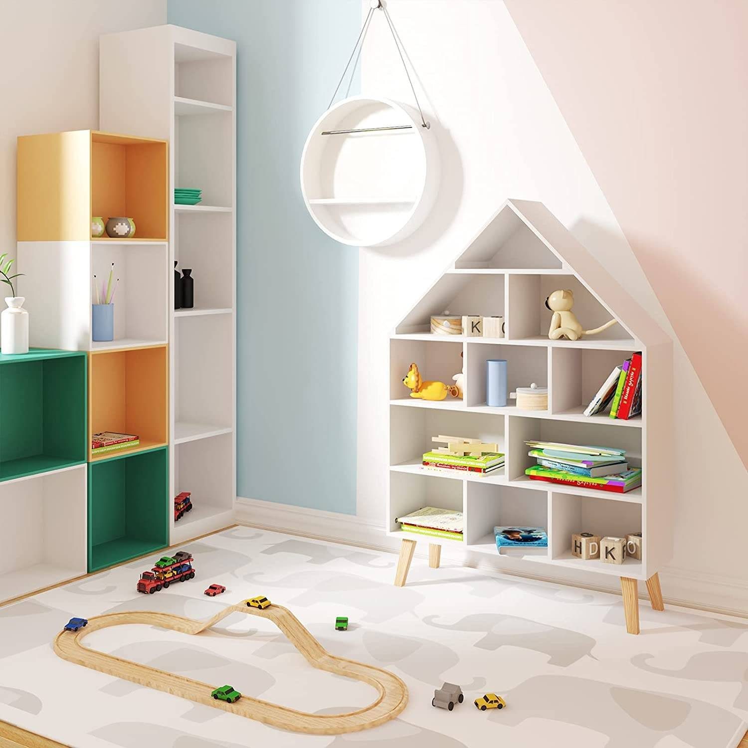 Woltu Bücherregal, 1-tlg., Standregal Hausform Kinderregal mit 5 Ebenen, Weiß
