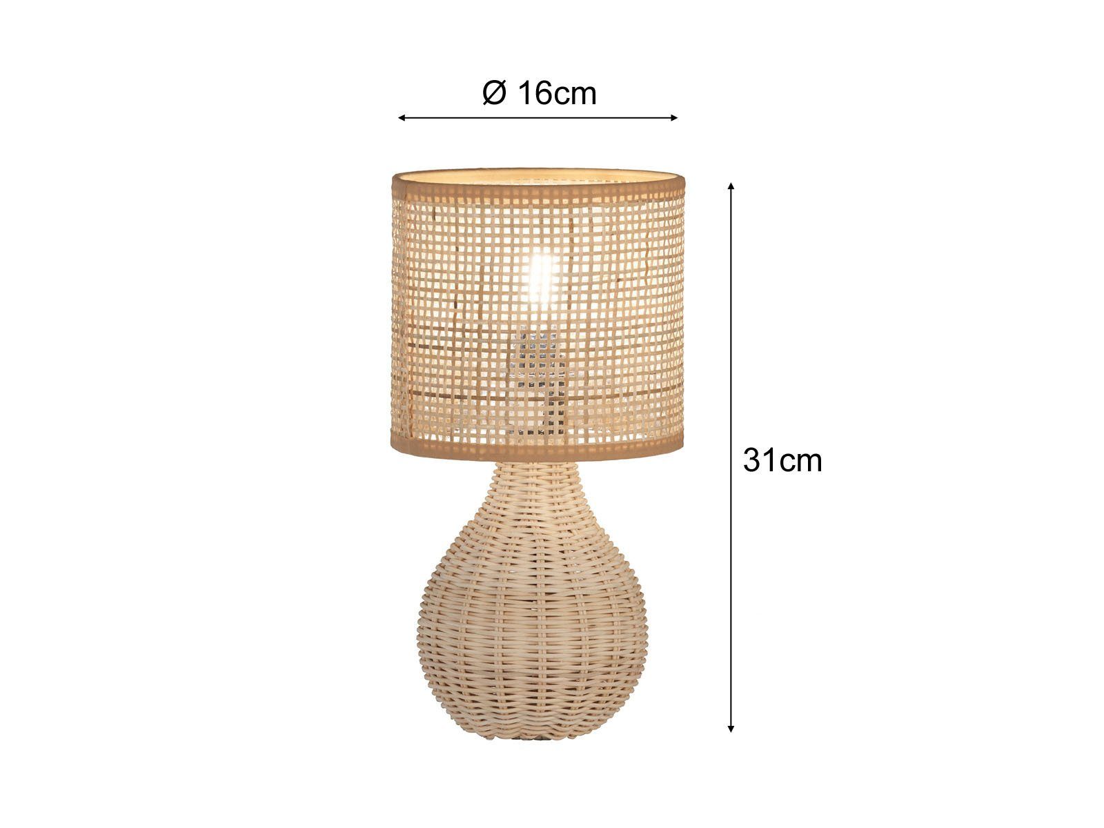 meineWunschleuchte LED Nachttischlampe, LED wechselbar, Warmweiß, Holzfuß & Designer Lampenschirm Korb-Geflecht Landhaus-Stil, Höhe 31cm