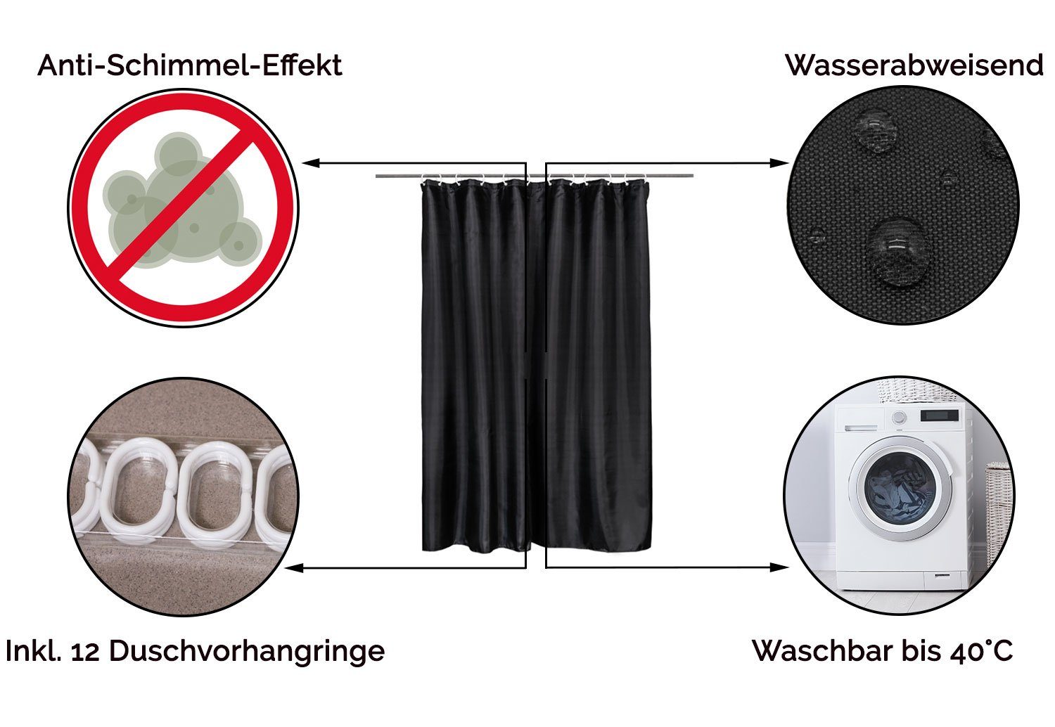 ZOLLNER Duschvorhang Breite 180 cm (Set), 100% Polyester, Anti-Schimmel-Effekt