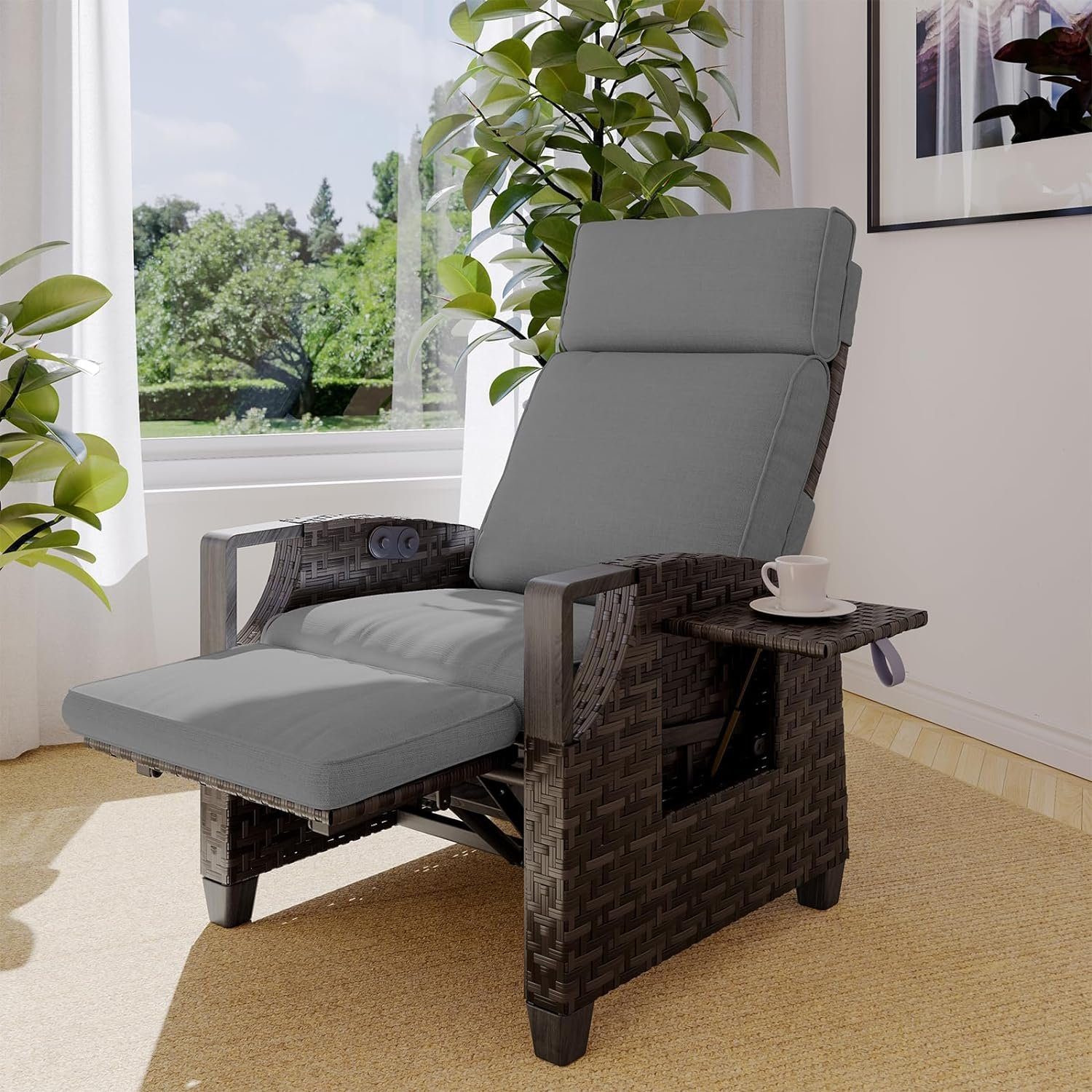 Grand patio Gartensessel Liegesessel mit Sitzkissen, Aluminiumgestell, verstellbare Rückenlehne, mit Klapptisch, mit 2 Knöpfen