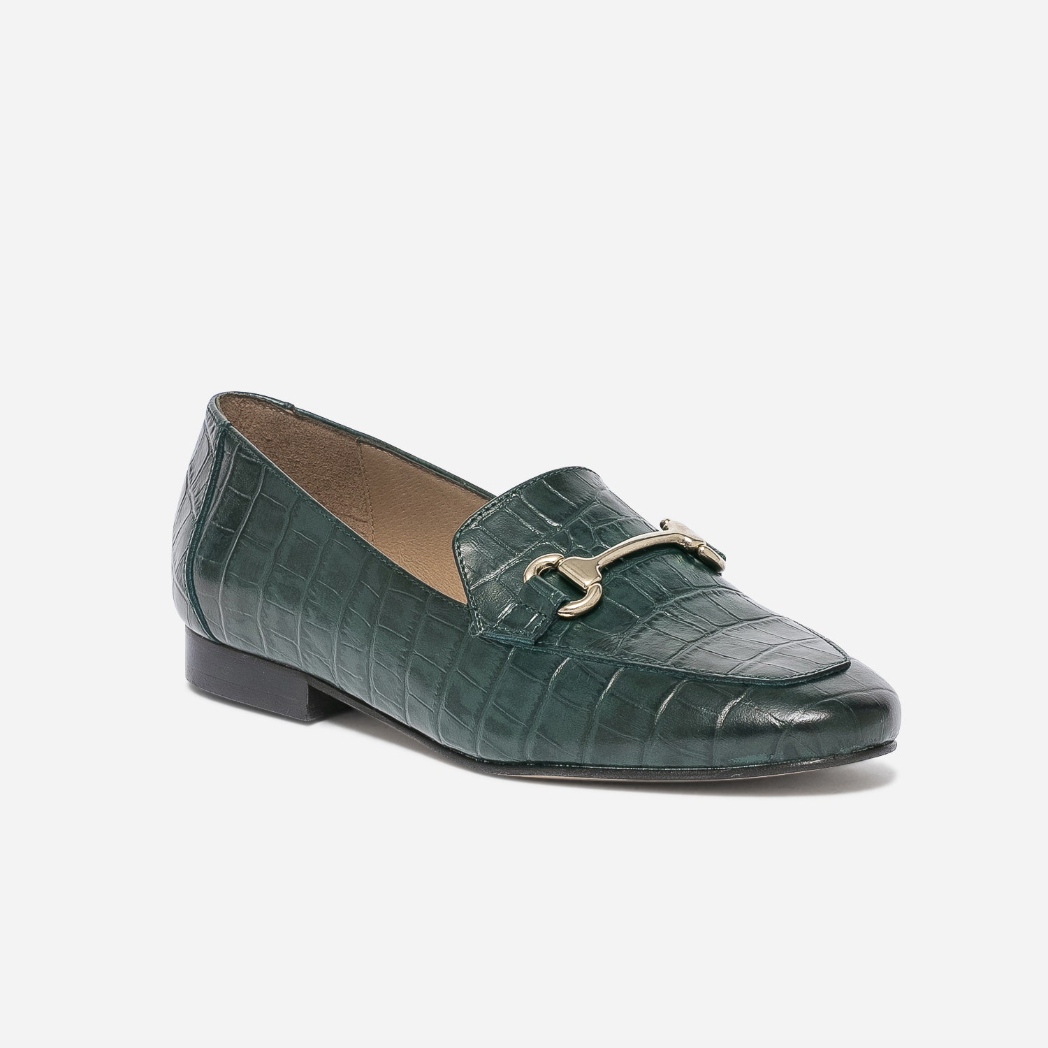 Mocassin vert en cuir effet croco à mors