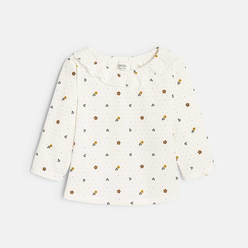 Tee-shirt fleuri col à volants marron bébé fille